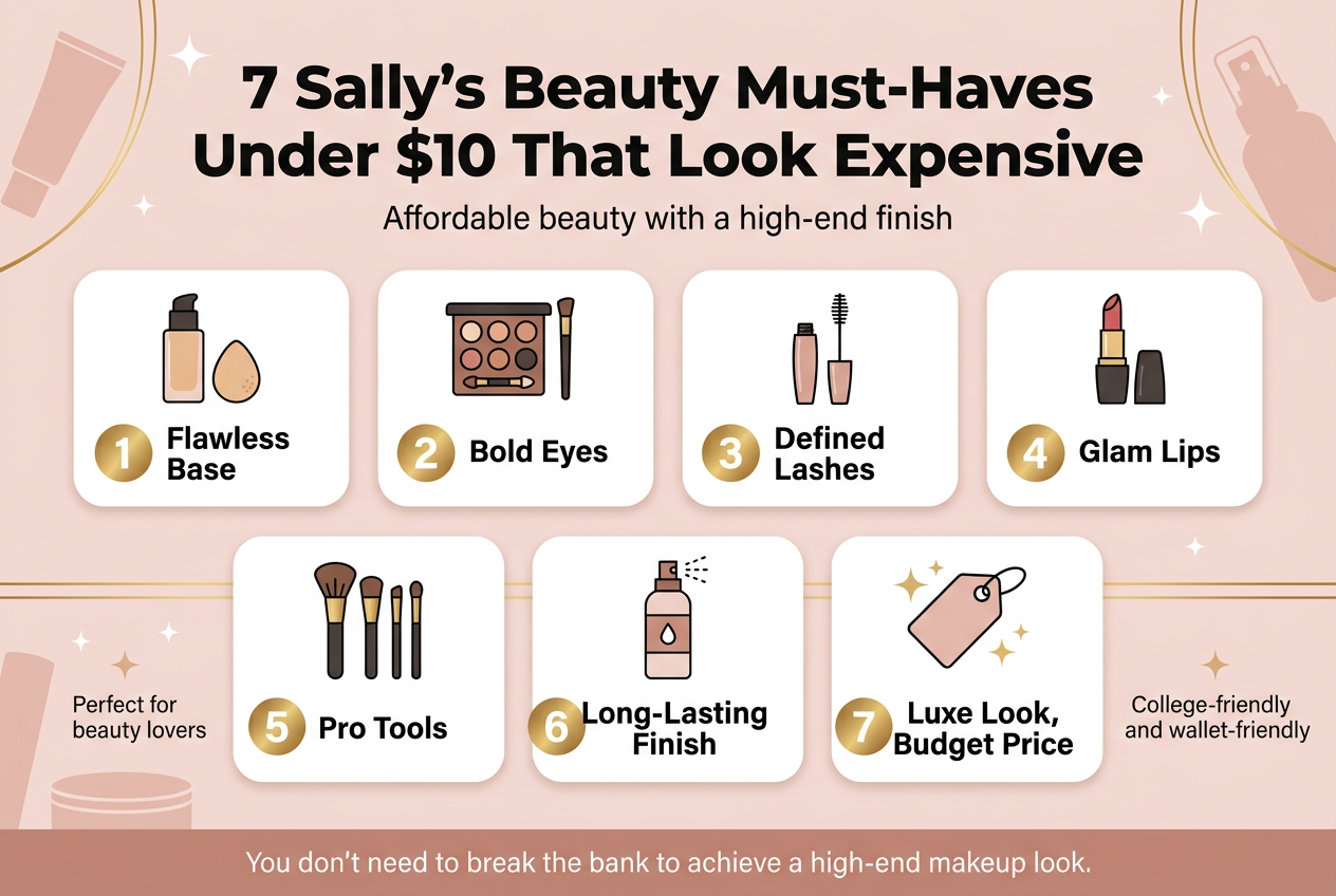 Create a clean, professional full-bleed infographic in a 3:2 landscape aspect ratio, with no poster frame and no inset margins. Use a modern beauty-editorial style with a soft blush pink, warm beige, white, and metallic gold color palette. Use bold sans-serif typography for headings and smaller clean sans-serif text for labels. 

Top center: large bold title in dark charcoal text, exact wording: "7 Sally's Beauty Must-Haves Under $10 That Look Expensive". Directly beneath it, smaller subtitle text: "Affordable beauty with a high-end finish".

Below the title, create a wide 7-section infographic layout arranged in two horizontal rows of rounded rectangular cards, evenly spaced across the page, not in a narrow vertical stack. Each card should include a simple beauty icon, a large number, and a short label. Use gold accent circles or badges for the numbers.

Card 1: a foundation bottle and makeup sponge icon, text: "1 Flawless Base"
Card 2: an eyeshadow palette and brush icon, text: "2 Bold Eyes"
Card 3: a mascara wand icon, text: "3 Defined Lashes"
Card 4: a lipstick icon, text: "4 Glam Lips"
Card 5: a makeup brush set icon, text: "5 Pro Tools"
Card 6: a setting spray bottle icon, text: "6 Long-Lasting Finish"
Card 7: a price tag and sparkle icon, text: "7 Luxe Look, Budget Price"

Add a short bottom banner spanning the width of the design with the exact text: "You don't need to break the bank to achieve a high-end makeup look."

Include small supporting text blocks in a balanced layout near the lower left and lower right:
Left block text: "Perfect for beauty lovers"
Right block text: "College-friendly and wallet-friendly"

Use subtle decorative sparkles, soft cosmetic product silhouettes, and elegant gold lines to unify the composition. Keep all text crisp, readable, and accurately spelled.