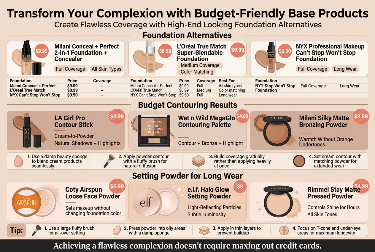 Create a full-bleed 3:2 infographic illustration in a clean modern beauty editorial style with a soft beige, blush pink, warm taupe, and deep charcoal color palette, accented with gold and coral highlights. Use elegant sans-serif fonts with bold headings and clear readable body text. Place a large bold title across the top: "Transform Your Complexion with Budget-Friendly Base Products" and a smaller subtitle beneath it: "Create Flawless Coverage with High-End Looking Foundation Alternatives".

Organize the infographic into three wide horizontal sections with clear visual separation, using product cards, price tags, and beauty icons.

TOP SECTION: Foundation Alternatives
Place three side-by-side product cards with small makeup bottle icons and circular beauty swatches.
1) Left card: "Milani Conceal + Perfect 2-in-1 Foundation + Concealer" with a price badge "$9.99" and labels "Full Coverage" and "All Skin Types".
2) Middle card: "L'Oréal True Match Super-Blendable Foundation" with a price badge "$8.99" and labels "Medium Coverage" and "Color Matching".
3) Right card: "NYX Professional Makeup Can't Stop Won't Stop Foundation" with a price badge "$9.50" and labels "Full Coverage" and "Long Wear".

Add a slim comparison strip below these cards with a small table style layout and the header text: "Foundation | Price | Coverage | Best For" followed by:
"Milani Conceal + Perfect | $9.99 | Full | All skin types"
"L'Oréal True Match | $8.99 | Medium | Color matching"
"NYX Can't Stop Won't Stop | $9.50 | Full | Long wear"

MIDDLE SECTION: Budget Contouring Results
Use a wide three-card layout with contour icons, bronzer powder icon, and palette icon.
1) Left card: "LA Girl Pro Contour Stick" with "$4.99" and "Cream-to-Powder" and "Natural Shadows + Highlights".
2) Middle card: "Wet n Wild MegaGlo Contouring Palette" with "$4.99" and "Contour + Bronze + Highlight".
3) Right card: "Milani Silky Matte Bronzing Powder" with "$8.99" and "Warmth Without Orange Undertones".

Include a small numbered tip box beneath the cards with four icons (sponge, brush, layers, powder) and the text:
"1. Use a damp beauty sponge to blend cream products seamlessly"
"2. Apply powder contour with a fluffy brush for natural diffusion"
"3. Build coverage gradually rather than applying heavily at once"
"4. Set cream contour with matching powder for extended wear"

BOTTOM SECTION: Setting Powder for Long Wear
Use three wide product panels with soft luminous powder effects and compact powder icons.
1) Left panel: "Coty Airspun Loose Face Powder" with "$6.99" and "Sets makeup without changing foundation color".
2) Middle panel: "e.l.f. Halo Glow Setting Powder" with "$8" and "Light-Reflecting Particles" and "Subtle Luminosity".
3) Right panel: "Rimmel Stay Matte Pressed Powder" with "$4.99" and "Controls Shine for Hours" and "All Skin Tones".

Add a final tip box at the bottom with four small icons and the text:
"1. Use a large fluffy brush for all-over setting"
"2. Press powder into oily areas with a damp sponge"
"3. Apply in thin layers to prevent buildup"
"4. Focus on T-zone and under-eye areas for maximum longevity"

Include a concluding footer statement centered along the bottom in bold: "Achieving a flawless complexion doesn't require maxing out credit cards."

Use clean iconography: foundation bottle, contour stick, contour palette, bronzing compact, loose powder jar, pressed powder compact, beauty sponge, fluffy brush, and subtle skin-glow sparkles. Keep spacing open, balanced, and professional with wide horizontal composition and no narrow vertical stack.