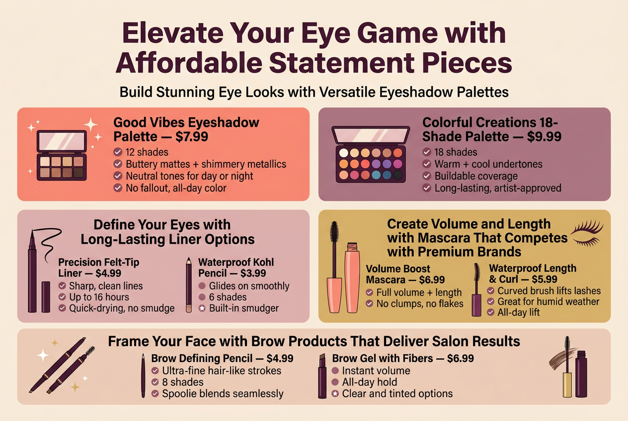 Create a full-bleed horizontal infographic in 3:2 aspect ratio with a clean modern beauty editorial style, soft pastel beige background, coral, mauve, gold, and deep plum accents, elegant sans-serif fonts with bold headings, and clear section hierarchy.

Top center: large bold title in dark plum text, exact wording: "Elevate Your Eye Game with Affordable Statement Pieces"

Below the title, add a smaller subtitle centered across the width: "Build Stunning Eye Looks with Versatile Eyeshadow Palettes"

Use a wide two-row, two-column layout with four main product blocks, each with a colored panel, a small product icon, and concise feature text.

Top left block: eyeshadow palette section with a makeup palette icon and sparkle accents.
Heading text: "Good Vibes Eyeshadow Palette — $7.99"
Body text in short bullet points:
"12 shades"
"Buttery mattes + shimmery metallics"
"Neutral tones for day or night"
"No fallout, all-day color"

Top right block: second eyeshadow palette section with a colorful eyeshadow tray icon.
Heading text: "Colorful Creations 18-Shade Palette — $9.99"
Body text:
"18 shades"
"Warm + cool undertones"
"Buildable coverage"
"Long-lasting, artist-approved"

Middle left block: liner section with a felt-tip eyeliner icon and a pencil liner icon.
Heading text: "Define Your Eyes with Long-Lasting Liner Options"
Include two mini product callouts inside the block:
"Precision Felt-Tip Liner — $4.99"
"Sharp, clean lines"
"Up to 16 hours"
"Quick-drying, no smudge"
"Waterproof Kohl Pencil — $3.99"
"Glides on smoothly"
"6 shades"
"Built-in smudger"

Middle right block: mascara section with a mascara wand icon and lifted lashes graphic.
Heading text: "Create Volume and Length with Mascara That Competes with Premium Brands"
Include two mini product callouts:
"Volume Boost Mascara — $6.99"
"Full volume + length"
"No clumps, no flakes"
"Waterproof Length & Curl — $5.99"
"Curved brush lifts lashes"
"Great for humid weather"
"All-day lift"

Bottom full-width band: brow section with a brow pencil icon and brow gel brush icon.
Heading text: "Frame Your Face with Brow Products That Deliver Salon Results"
Include two product callouts:
"Brow Defining Pencil — $4.99"
"Ultra-fine hair-like strokes"
"8 shades"
"Spoolie blends seamlessly"
"Brow Gel with Fibers — $6.99"
"Instant volume"
"All-day hold"
"Clear and tinted options"

Add small visual markers beside each bullet, such as checkmarks, dots, and star icons. Use neat alignment, balanced spacing, and polished cosmetic packaging illustrations. Keep the layout airy, professional, and easy to scan, with strong contrast and clean typography.