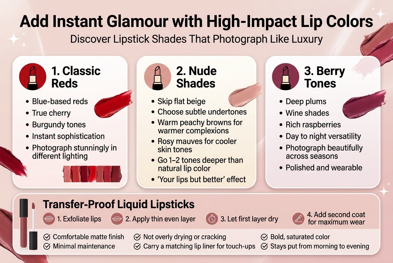 Create a clean, modern beauty infographic in a full-bleed 3:2 landscape layout with a polished editorial style, soft blush pink, cream, deep berry, wine red, nude beige, and black accents. Use bold sans-serif typography for headings and a clean readable sans-serif for body text. Place a large title across the top: "Add Instant Glamour with High-Impact Lip Colors" with a smaller subtitle beneath it: "Discover Lipstick Shades That Photograph Like Luxury".

Use a wide horizontal 2-column layout below the header with three main infographic sections, each in a rounded white card with subtle shadows and matching beauty icons.

Left large section: "1. Classic Reds" with a bold red lipstick icon. Include bullet text: "Blue-based reds" "True cherry" "Burgundy tones" "Instant sophistication" "Photograph stunningly in different lighting". Add a small makeup swatch strip showing red shades.

Center large section: "2. Nude Shades" with a nude lipstick icon. Include bullet text: "Skip flat beige" "Choose subtle undertones" "Warm peachy browns for warmer complexions" "Rosy mauves for cooler skin tones" "Go 1–2 tones deeper than natural lip color" "‘Your lips but better’ effect". Add a soft nude swatch strip.

Right large section: "3. Berry Tones" with a berry lipstick icon. Include bullet text: "Deep plums" "Wine shades" "Rich raspberries" "Day to night versatility" "Photograph beautifully across seasons" "Polished and wearable". Add a berry swatch strip.

Add a bottom wide banner spanning the full width with a matte liquid lipstick tube icon and the heading: "Transfer-Proof Liquid Lipsticks". Inside the banner, use four small icon bullets in a row with short labels:
"1. Exfoliate lips"
"2. Apply thin even layer"
"3. Let first layer dry"
"4. Add second coat for maximum wear"

Below those, include a final two-column checklist with check icons:
"Comfortable matte finish"
"Not overly drying or cracking"
"Bold, saturated color"
"Minimal maintenance"
"Carry a matching lip liner for touch-ups"
"Stays put from morning to evening"

Use subtle glamour accents like sparkles, lipstick swatches, and a faint glossy gradient background. Keep the layout balanced, airy, and highly readable with strong visual hierarchy and clear section separation.