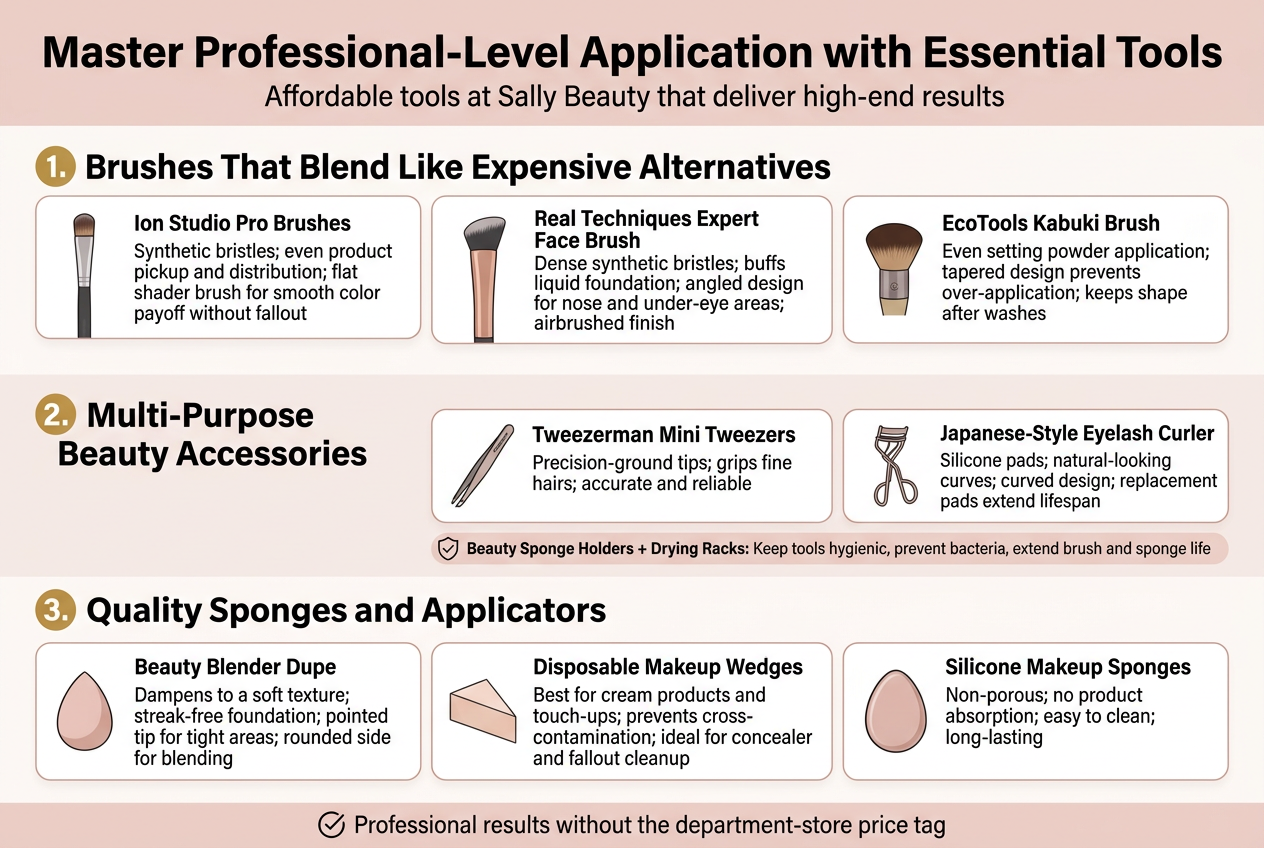 Create a clean, modern infographic illustration in a 3:2 aspect ratio, full-bleed layout with no frame, using a professional beauty-brand style. Use a white background with soft blush pink, taupe, charcoal, and gold accent colors. Use bold sans-serif typography for headings and smaller readable sans-serif text for body copy. 

Top header across the full width:
Title in large bold text: "Master Professional-Level Application with Essential Tools"
Subtitle in smaller text: "Affordable tools at Sally Beauty that deliver high-end results"

Below the header, organize the content into three wide horizontal sections with clear icons and numbered labels, using a 2-column grid of cards in the first two sections and a 3-card row in the third section. Include elegant beauty-tool illustrations beside each card.

Section 1 heading on the left: "1. Brushes That Blend Like Expensive Alternatives"
Place three product cards with brush icons:
- Card 1: "Ion Studio Pro Brushes" with text: "Synthetic bristles; even product pickup and distribution; flat shader brush for smooth color payoff without fallout"
- Card 2: "Real Techniques Expert Face Brush" with text: "Dense synthetic bristles; buffs liquid foundation; angled design for nose and under-eye areas; airbrushed finish"
- Card 3: "EcoTools Kabuki Brush" with text: "Even setting powder application; tapered design prevents over-application; keeps shape after washes"
Add small icons: eyeshadow brush, foundation brush, powder brush.

Section 2 heading across the center: "2. Multi-Purpose Beauty Accessories"
Use two larger cards side by side with accessory icons:
- Card 1: "Tweezerman Mini Tweezers" with text: "Precision-ground tips; grips fine hairs; accurate and reliable"
- Card 2: "Japanese-Style Eyelash Curler" with text: "Silicone pads; natural-looking curves; curved design; replacement pads extend lifespan"
Add a small third horizontal callout bar beneath them with a hygiene icon:
Text: "Beauty Sponge Holders + Drying Racks: Keep tools hygienic, prevent bacteria, extend brush and sponge life"

Section 3 heading near the bottom: "3. Quality Sponges and Applicators"
Use three cards in a row with sponge icons:
- Card 1: "Beauty Blender Dupe" with text: "Dampens to a soft texture; streak-free foundation; pointed tip for tight areas; rounded side for blending"
- Card 2: "Disposable Makeup Wedges" with text: "Best for cream products and touch-ups; prevents cross-contamination; ideal for concealer and fallout cleanup"
- Card 3: "Silicone Makeup Sponges" with text: "Non-porous; no product absorption; easy to clean; long-lasting"
Add visual symbols: makeup sponge, wedge sponge, silicone sponge.

Include a subtle footer strip with a checkmark icon and the text: "Professional results without the department-store price tag"

Use clear spacing, clean card borders, and visual hierarchy with section headings in bold dark charcoal, accent numbers in gold circles, and small beauty-tool illustrations aligned to the left of each text block. Ensure the layout is wide and balanced, with no tall centered stack.