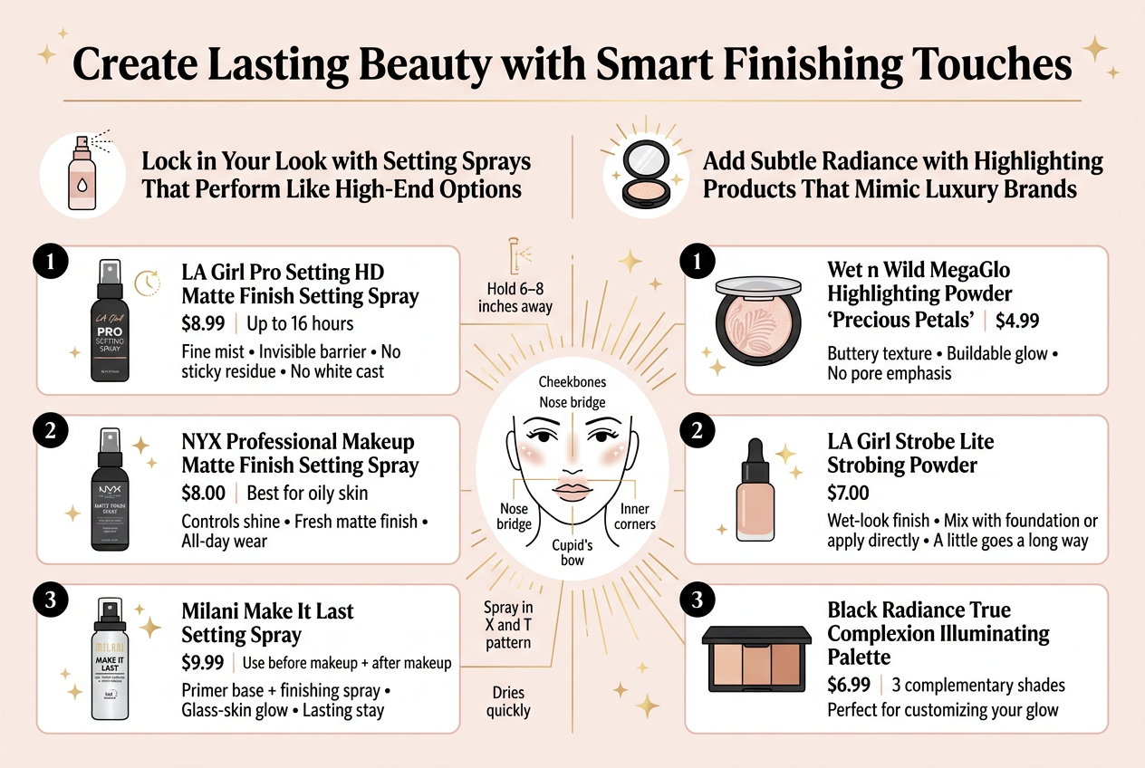 Create a full-bleed professional infographic illustration in a 3:2 aspect ratio, with a clean modern beauty-retail style, soft white background, blush pink, gold, black, and light gray accents, elegant sans-serif fonts with bold headings, and clear visual hierarchy.

TOP HEADER: large bold title centered across the top:
“Create Lasting Beauty with Smart Finishing Touches”

Below the title, split the layout into two wide horizontal columns with icons and product cards.

LEFT COLUMN HEADER with a small spray bottle icon:
“Lock in Your Look with Setting Sprays That Perform Like High-End Options”

Include 3 stacked product blocks with numbered circles and small beauty icons:
1. A matte setting spray bottle icon beside the text:
“LA Girl Pro Setting HD Matte Finish Setting Spray”
“$8.99”
“Up to 16 hours”
“Fine mist • Invisible barrier • No sticky residue • No white cast”
2. A shine-control spray bottle icon beside the text:
“NYX Professional Makeup Matte Finish Setting Spray”
“$8.00”
“Best for oily skin”
“Controls shine • Fresh matte finish • All-day wear”
3. A dewy glow spray bottle icon beside the text:
“Milani Make It Last Setting Spray”
“$9.99”
“Use before makeup + after makeup”
“Primer base + finishing spray • Glass-skin glow • Lasting stay”

Add small visual callouts between blocks:
“Hold 6–8 inches away”
“Spray in X and T pattern”
“Dries quickly”

RIGHT COLUMN HEADER with a glowing highlighter compact icon:
“Add Subtle Radiance with Highlighting Products That Mimic Luxury Brands”

Include 3 stacked product blocks with numbered circles and shimmer icons:
1. A pressed powder compact icon beside the text:
“Wet n Wild MegaGlo Highlighting Powder”
“‘Precious Petals’”
“$4.99”
“Buttery texture • Buildable glow • No pore emphasis”
2. A liquid highlight drop icon beside the text:
“LA Girl Strobe Lite Strobing Powder”
“$7.00”
“Wet-look finish • Mix with foundation or apply directly • A little goes a long way”
3. A trio palette icon beside the text:
“Black Radiance True Complexion Illuminating Palette”
“$6.99”
“3 complementary shades”
“Perfect for customizing your glow”

Add a small face outline graphic near the center with labeled glow points:
“Cheekbones”
“Nose bridge”
“Cupid’s bow”
“Inner corners”

Use gold shimmer rays, subtle sparkles, and thin divider lines between sections. Make the layout balanced, airy, and easy to scan, with product cards aligned in neat rows and a polished beauty-editorial look.