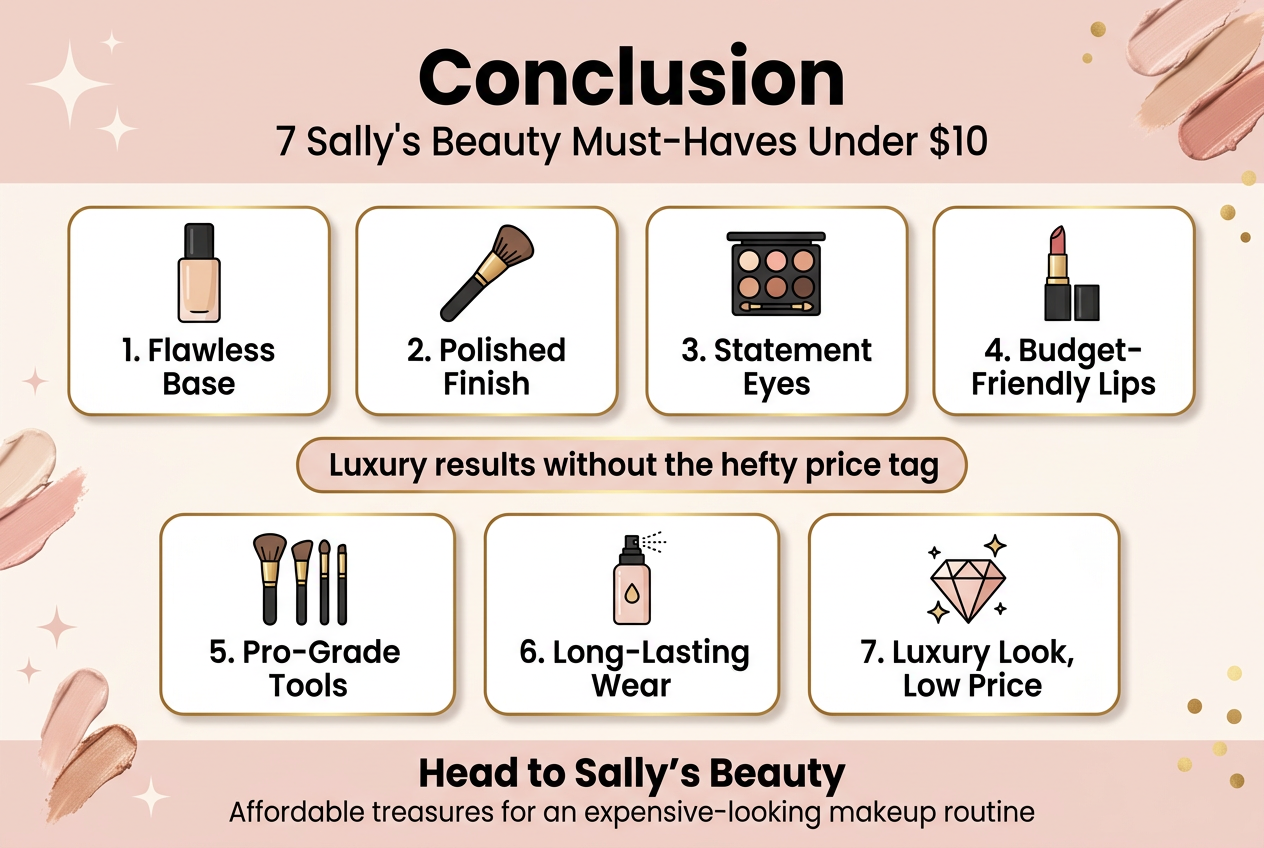 Create a clean, professional infographic illustration in a full-bleed 3:2 layout with no frame, no poster border, and a wide horizontal composition. Use a soft beauty palette of blush pink, cream, warm beige, black, and metallic gold accents. Modern sans-serif fonts with a bold headline and clear visual hierarchy.

Top header across the full width:
Large bold title text: "Conclusion"
Smaller subtitle beneath it: "7 Sally's Beauty Must-Haves Under $10"

Main body in a wide 2-row grid of 7 numbered blocks, each with a distinct icon and short label. Use rounded rectangular cards with thin gold outlines and soft shadows. Place the blocks left to right, evenly spaced, with icons above each label.

Block 1: a foundation bottle icon with the text "1. Flawless Base"
Block 2: a complexion brush icon with the text "2. Polished Finish"
Block 3: an eye shadow palette icon with the text "3. Statement Eyes"
Block 4: a lipstick icon with the text "4. Budget-Friendly Lips"
Block 5: a makeup tool brush set icon with the text "5. Pro-Grade Tools"
Block 6: a setting spray bottle icon with the text "6. Long-Lasting Wear"
Block 7: a sparkling beauty gem icon with the text "7. Luxury Look, Low Price"

Add a highlighted center banner or callout box between the two rows with the text: "Luxury results without the hefty price tag"

Bottom footer spanning the width with a call-to-action bar:
Bold text: "Head to Sally's Beauty"
Smaller text beneath: "Affordable treasures for an expensive-looking makeup routine"

Add subtle decorative beauty elements around the edges: soft sparkles, makeup swatches, and small gold dots. Keep the layout airy, balanced, and easy to read.