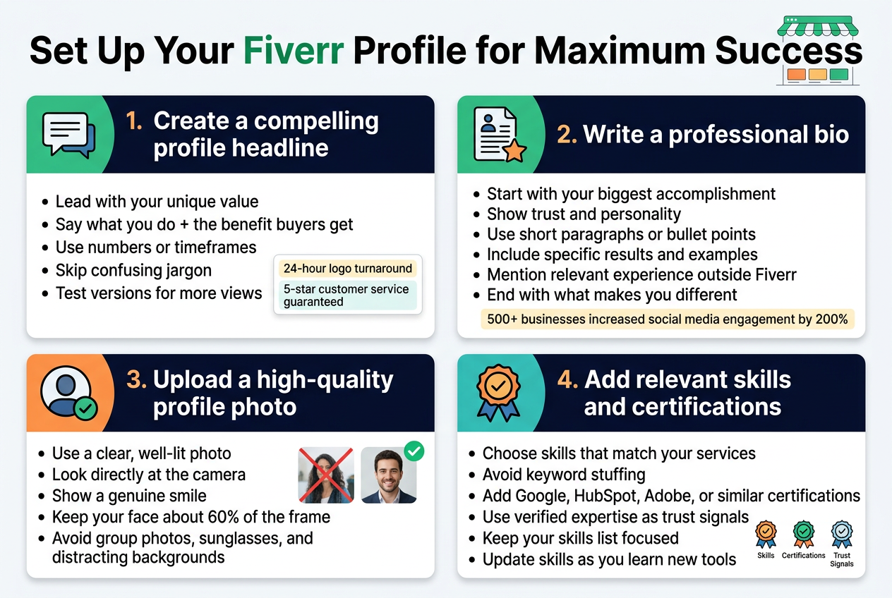 Create a clean, modern full-bleed infographic in 3:2 aspect ratio with a wide horizontal layout, not a vertical poster. Use a professional Fiverr-themed color palette of white, dark navy, teal, and orange accents, with clear sans-serif typography and bold section headers. Place a large bold title across the top: "Set Up Your Fiverr Profile for Maximum Success". Add a small Fiverr-style marketplace illustration near the title.

Below the title, arrange 4 wide rectangular sections in a 2x2 grid across the page, each with a colored icon, a numbered badge, a bold subheading, and short bullet points.

Section 1, top left: a speech bubble or headline icon.
Text: "1. Create a compelling profile headline"
Bullets:
"Lead with your unique value"
"Say what you do + the benefit buyers get"
"Use numbers or timeframes"
"Skip confusing jargon"
"Test versions for more views"

Include example headline snippets in a highlighted mini box:
"24-hour logo turnaround"
"5-star customer service guaranteed"

Section 2, top right: a professional bio icon with a document and star.
Text: "2. Write a professional bio"
Bullets:
"Start with your biggest accomplishment"
"Show trust and personality"
"Use short paragraphs or bullet points"
"Include specific results and examples"
"Mention relevant experience outside Fiverr"
"End with what makes you different"

Include a highlighted example line:
"500+ businesses increased social media engagement by 200%"

Section 3, bottom left: a profile photo icon with a camera and checkmark.
Text: "3. Upload a high-quality profile photo"
Bullets:
"Use a clear, well-lit photo"
"Look directly at the camera"
"Show a genuine smile"
"Keep your face about 60% of the frame"
"Avoid group photos, sunglasses, and distracting backgrounds"

Add a small visual comparison of a bad photo crossed out and a good photo with a green check.

Section 4, bottom right: a skill badge and certification icon.
Text: "4. Add relevant skills and certifications"
Bullets:
"Choose skills that match your services"
"Avoid keyword stuffing"
"Add Google, HubSpot, Adobe, or similar certifications"
"Use verified expertise as trust signals"
"Keep your skills list focused"
"Update skills as you learn new tools"

Add a row of small badge icons labeled:
"Skills"
"Certifications"
"Trust Signals"

Use clean spacing, strong hierarchy, subtle shadows, and small divider lines between sections. Keep all text crisp, readable, and centered within each section.