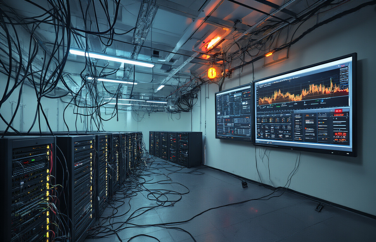 Create a realistic image of a dimly lit server room with rows of black computer servers and networking equipment, some showing red error indicator lights and warning symbols, tangled cables and connection points visible, a large wall-mounted monitor displaying system diagnostic charts with declining performance metrics, cool blue LED lighting from the servers contrasting with warm amber emergency lighting, creating a technical atmosphere that suggests system malfunctions and infrastructure problems, Absolutely NO text should be in the scene.