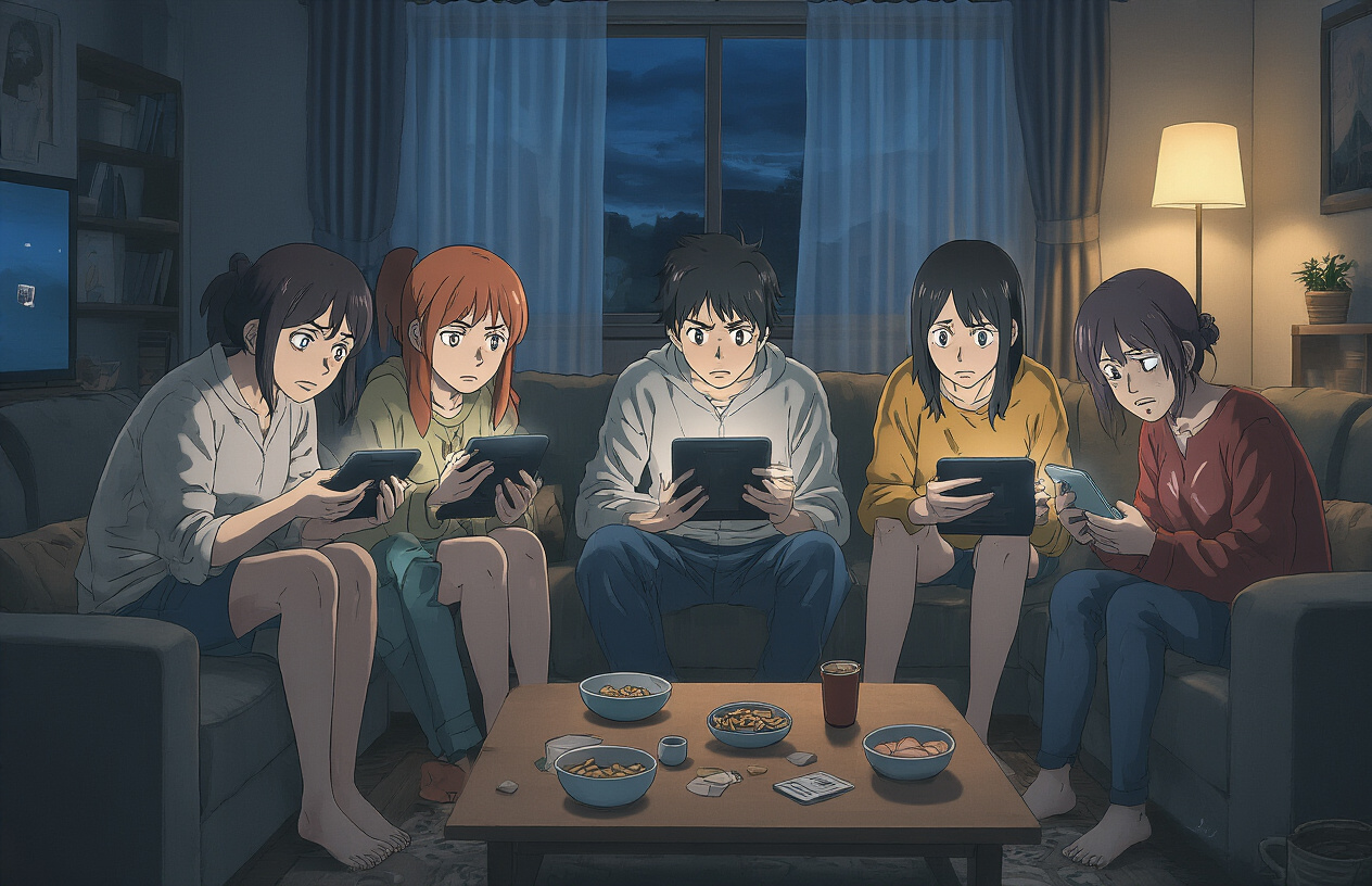 Create a realistic image of frustrated anime viewers of diverse races and genders sitting in a modern living room, looking disappointed while staring at their devices (laptops, tablets, phones) showing anime content with missing or broken subtitle displays, empty subtitle boxes visible on screens, some viewers squinting and leaning forward trying to understand dialogue, dim ambient lighting from electronic screens creating a moody atmosphere, scattered snack bowls and drink cups on coffee table, couch and chairs arranged around the room, evening setting with curtains drawn, expressions of confusion and disappointment on viewers' faces, absolutely NO text should be in the scene.