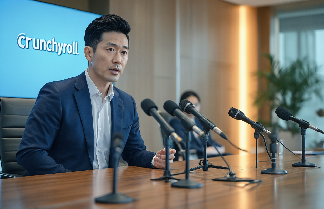 Create a realistic image of a professional Asian male corporate executive in a navy business suit sitting at a modern conference table in a sleek office boardroom, speaking into multiple microphones while facing several journalists, with the Crunchyroll logo visible on a backdrop behind him, warm indoor lighting illuminating the formal press conference setting, conveying a serious damage control atmosphere, absolutely NO text should be in the scene.