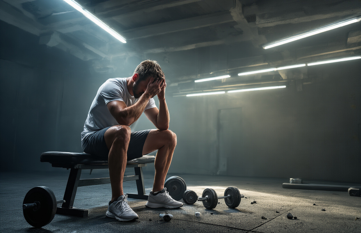 Create a realistic image of a white male athlete in workout gear sitting on a gym bench looking exhausted and defeated, head in hands, with abandoned weights scattered on the floor around him, in a dimly lit gym with harsh fluorescent lighting casting long shadows, conveying a sense of mental and physical exhaustion where willpower has completely given out, absolutely NO text should be in the scene.