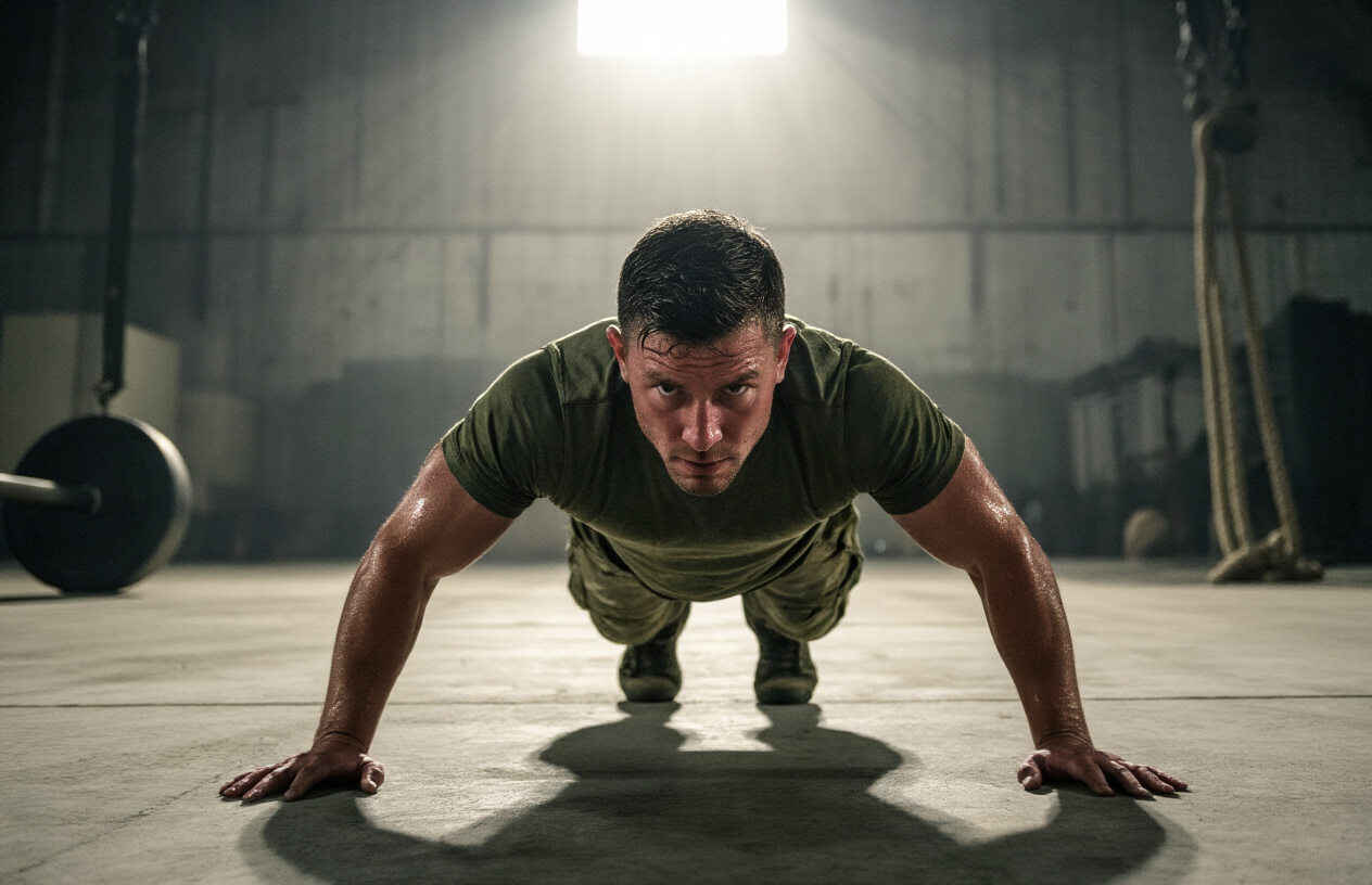 Create a realistic image of a white male in military-style workout gear performing push-ups on a concrete floor in an early morning training facility, with dim overhead lighting casting long shadows, sweat visible on his face showing intense focus and determination, military equipment like ropes and weights visible in the blurred background, conveying the essence of disciplined physical training over fleeting motivation, absolutely NO text should be in the scene.