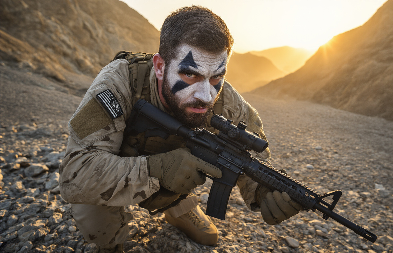 Create a realistic image of a white male Navy SEAL in full tactical gear and face paint, crouched in an action-ready position on rocky terrain during dawn, with his rifle at the ready and intense focused expression showing determination and readiness for mission execution, surrounded by rugged military environment with dramatic golden lighting casting strong shadows that emphasize the warrior mindset and unstoppable action mentality, absolutely NO text should be in the scene.
