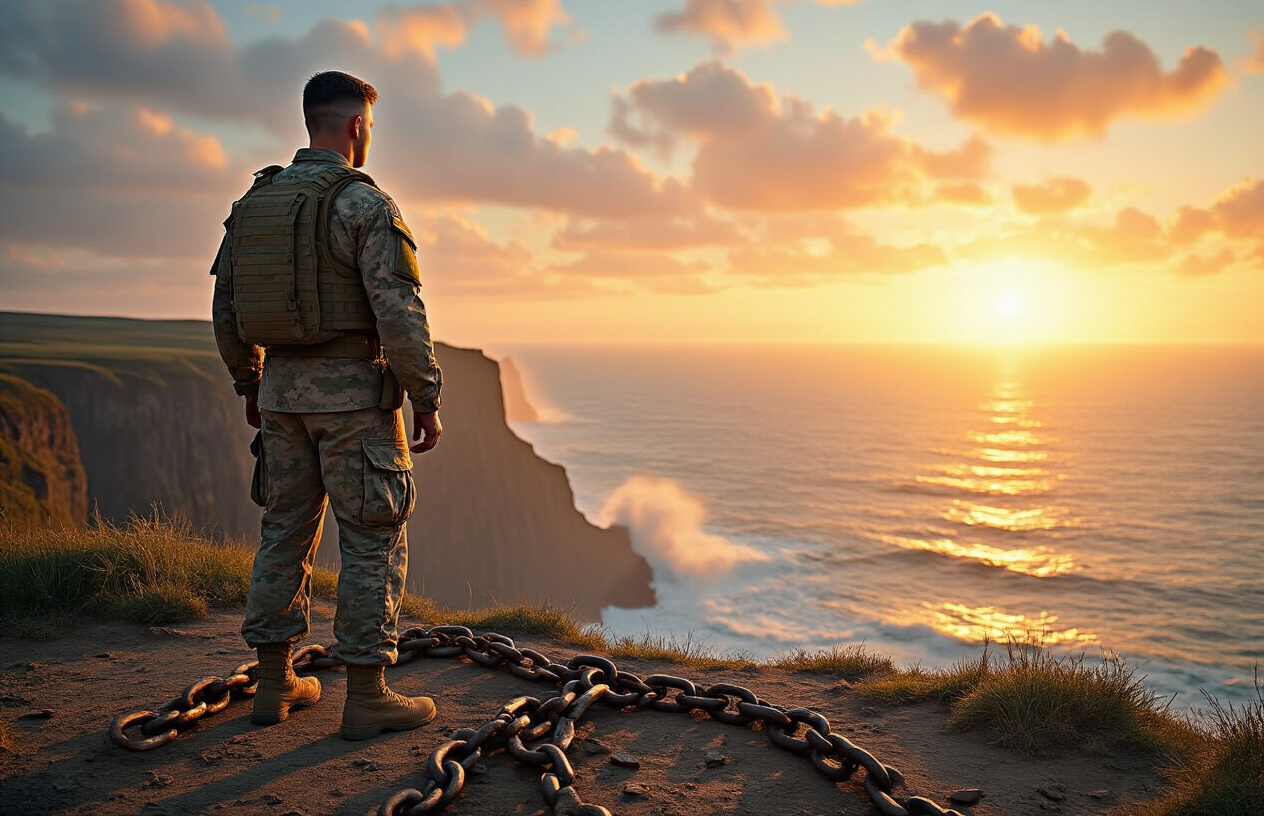 Create a realistic image of a white male in military fatigues standing at the edge of a cliff overlooking a vast ocean at sunrise, with broken chains lying at his feet symbolizing freedom from limitations, the golden sunlight creating dramatic shadows across the rocky terrain, conveying a sense of liberation and personal transformation through discipline, with waves crashing below and an expansive sky filled with warm orange and pink hues, absolutely NO text should be in the scene.