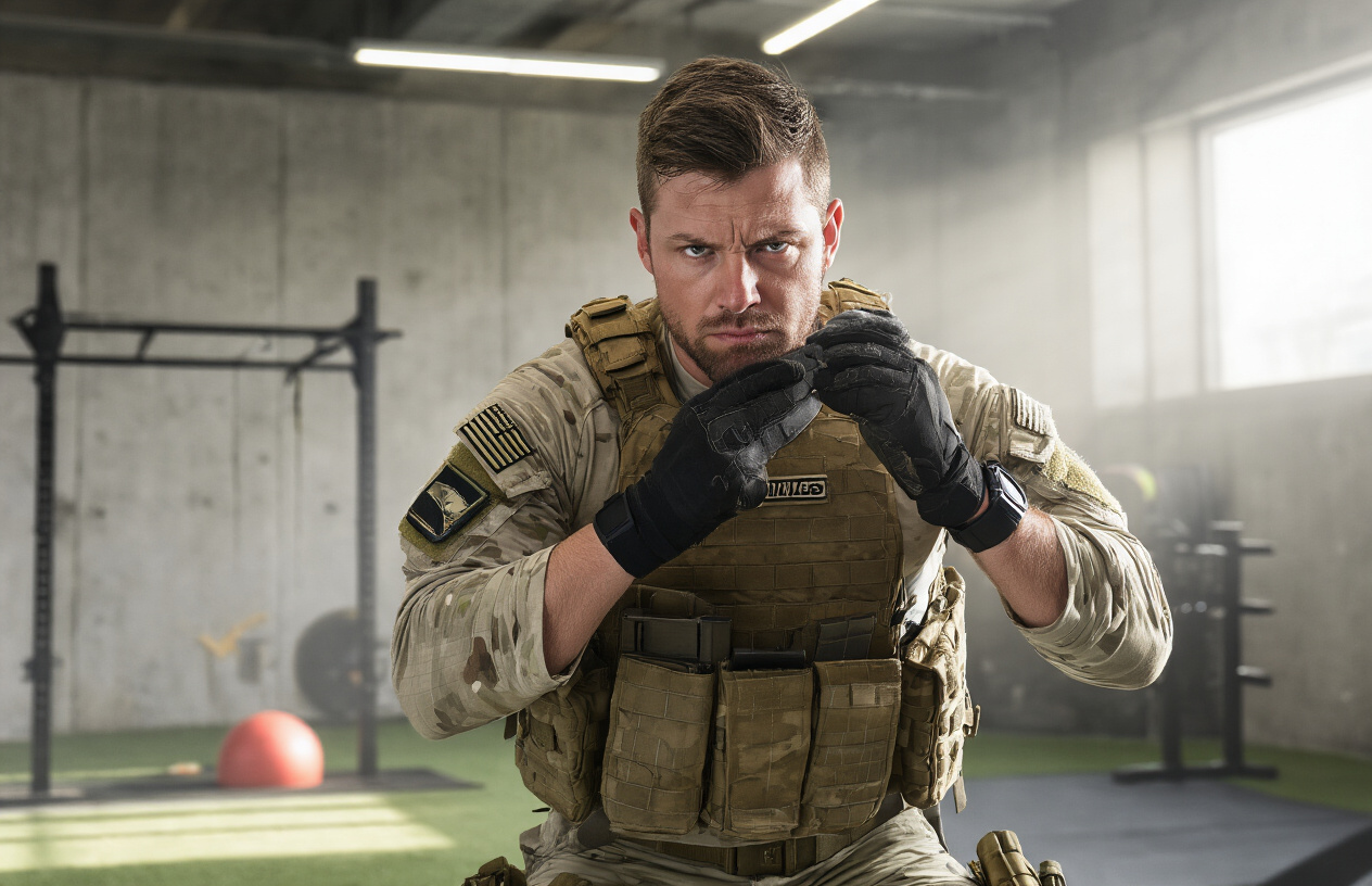 Create a realistic image of a white male in military tactical gear practicing mental focus exercises in a training facility, with obstacle course equipment visible in the background, dramatic lighting casting strong shadows, intense concentrated expression on his face as he visualizes success, modern indoor training environment with concrete walls and professional fitness equipment, mood conveying determination and mental strength, absolutely NO text should be in the scene.