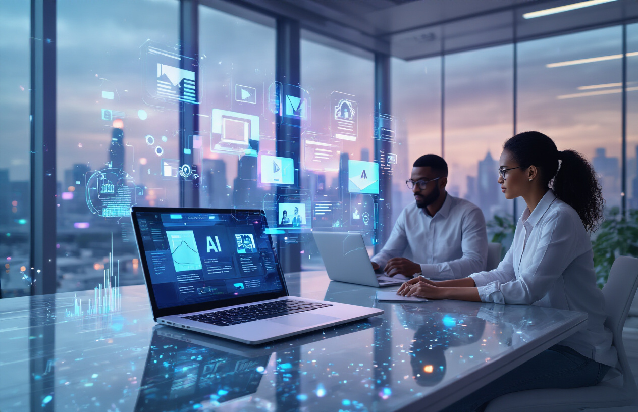 Digital marketing workspace showing AI automated content tools.
