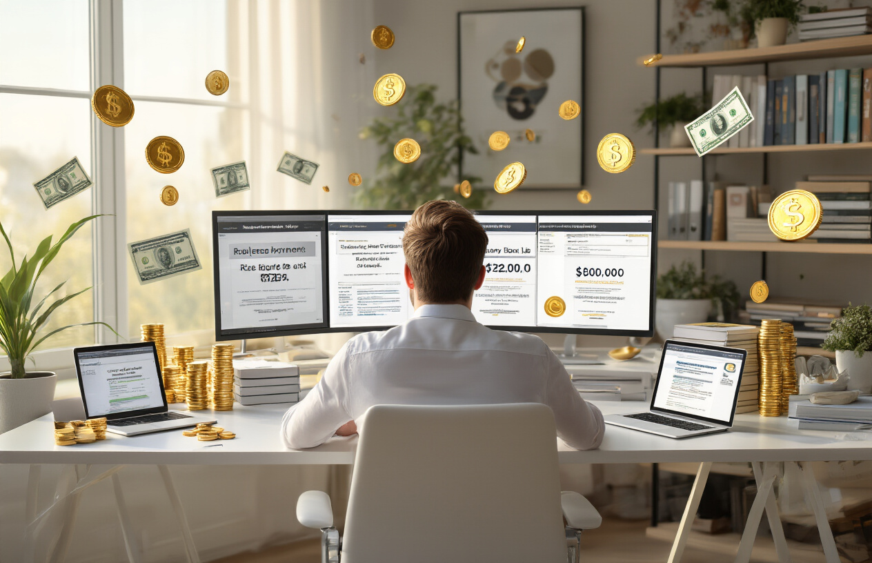 Entrepreneur managing digital product licensing and royalties online.