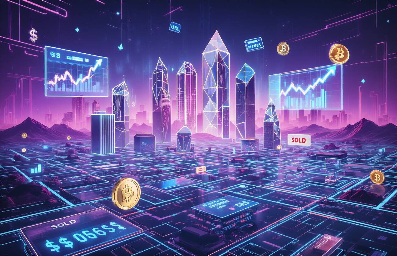 Digital landscape showing virtual real estate properties and metaverse investment opportunities.