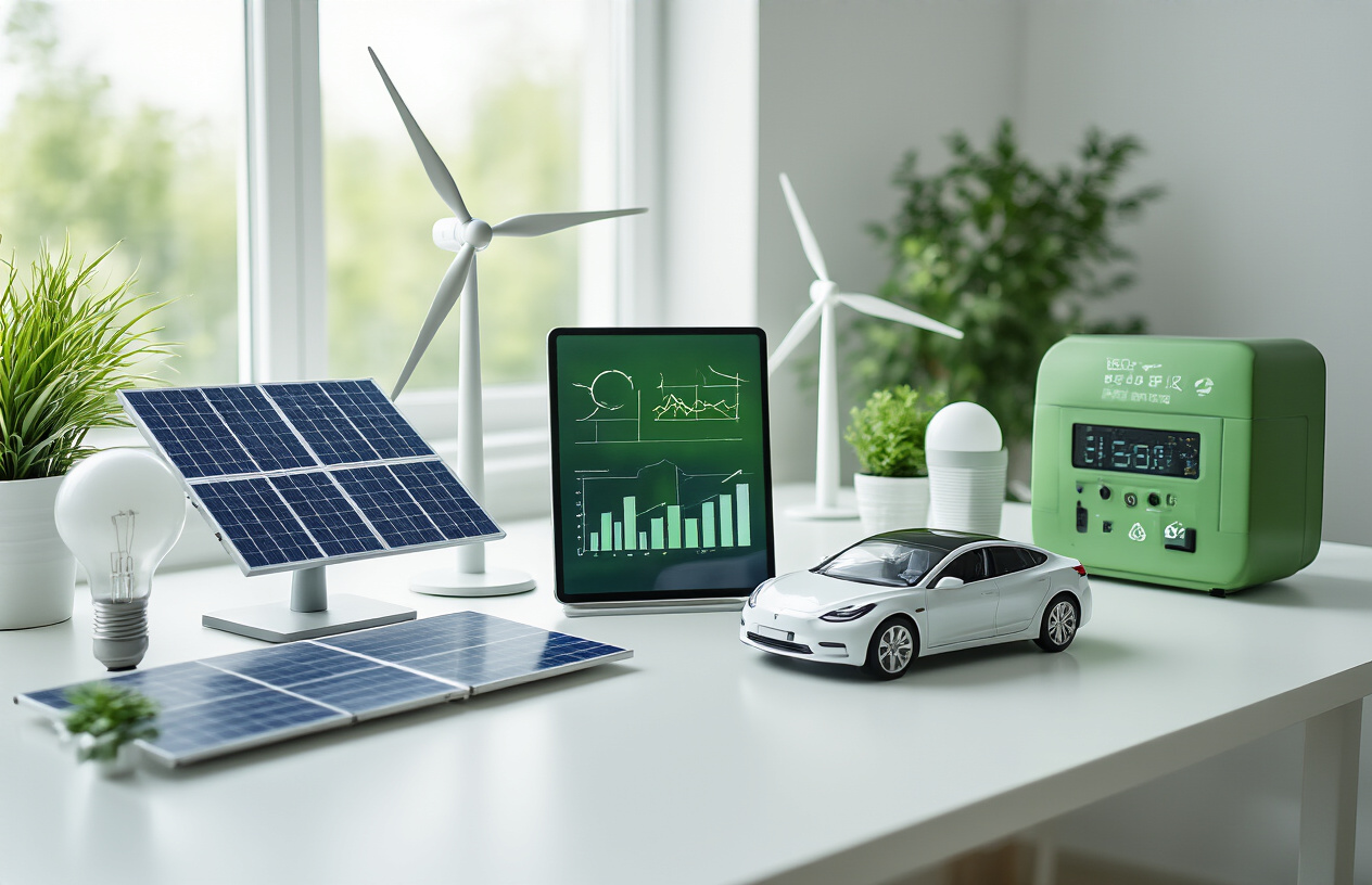 Renewable energy investment portfolio showing solar panels and electric vehicle charging revenue.