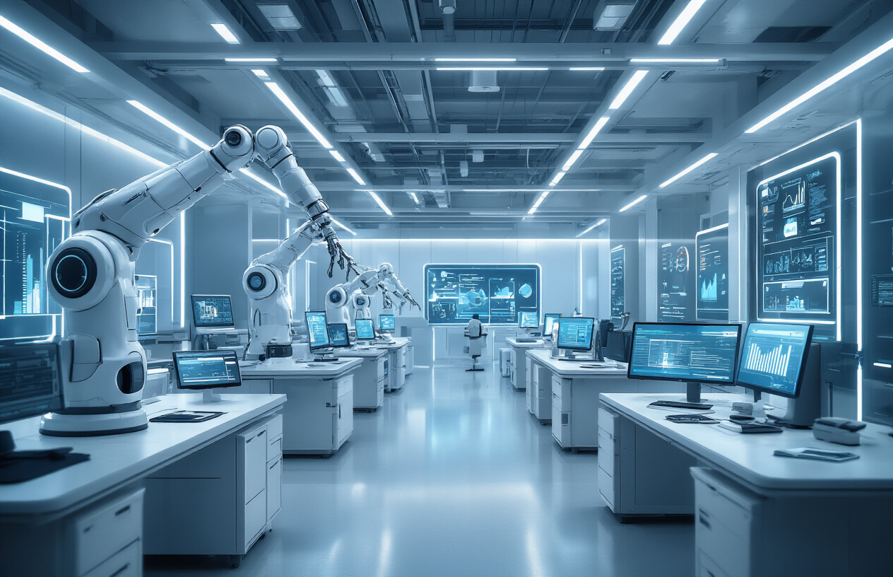 Modern workspace demonstrating future-ready service automation with AI-powered robotic systems and digital assistants.