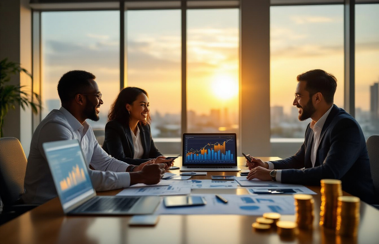 Diverse group of entrepreneurs celebrating financial success and passive income growth in 2026.