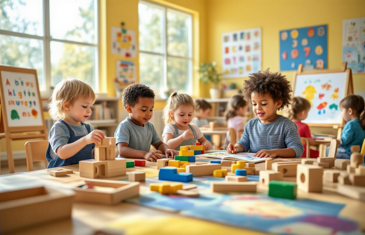 Create a realistic image of diverse young children aged 3-5 years (including white, black, and Hispanic boys and girls) engaged in various play-based learning activities in a bright, colorful preschool classroom, with children building with wooden blocks, painting at easels, playing with educational toys, and reading picture books, surrounded by learning materials like alphabet charts, number displays, and educational posters on the walls, with natural sunlight streaming through large windows creating a warm, nurturing educational environment, absolutely NO text should be in the scene.