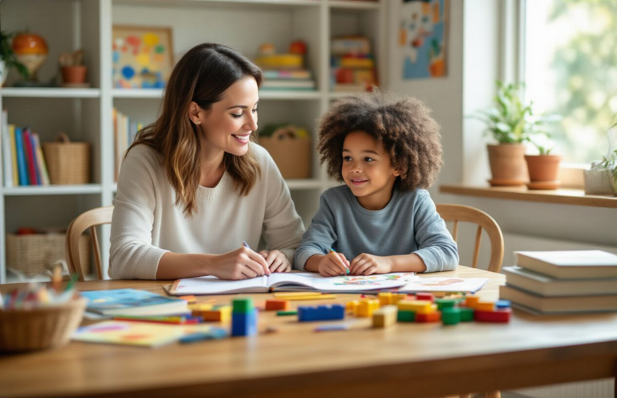 Create a realistic image of a cozy home learning space with a white female parent and mixed-race child sitting together at a wooden table, surrounded by colorful educational materials including books, crayons, building blocks, and art supplies, soft natural lighting streaming through a nearby window, warm and nurturing atmosphere with bookshelves and educational posters visible in the background, absolutely NO text should be in the scene.