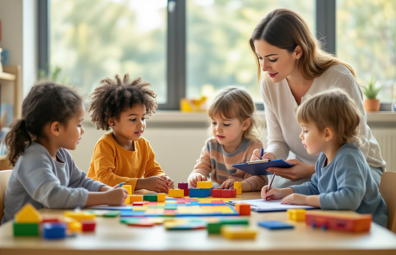 Create a realistic image of a diverse group of young children aged 4-6 playing with educational toys and learning materials in a bright, modern classroom setting while a white female teacher observes and takes notes on a clipboard, with colorful building blocks, puzzles, art supplies, and measuring tools scattered on low tables, natural lighting streaming through large windows, creating a warm and engaging learning environment, absolutely NO text should be in the scene.
