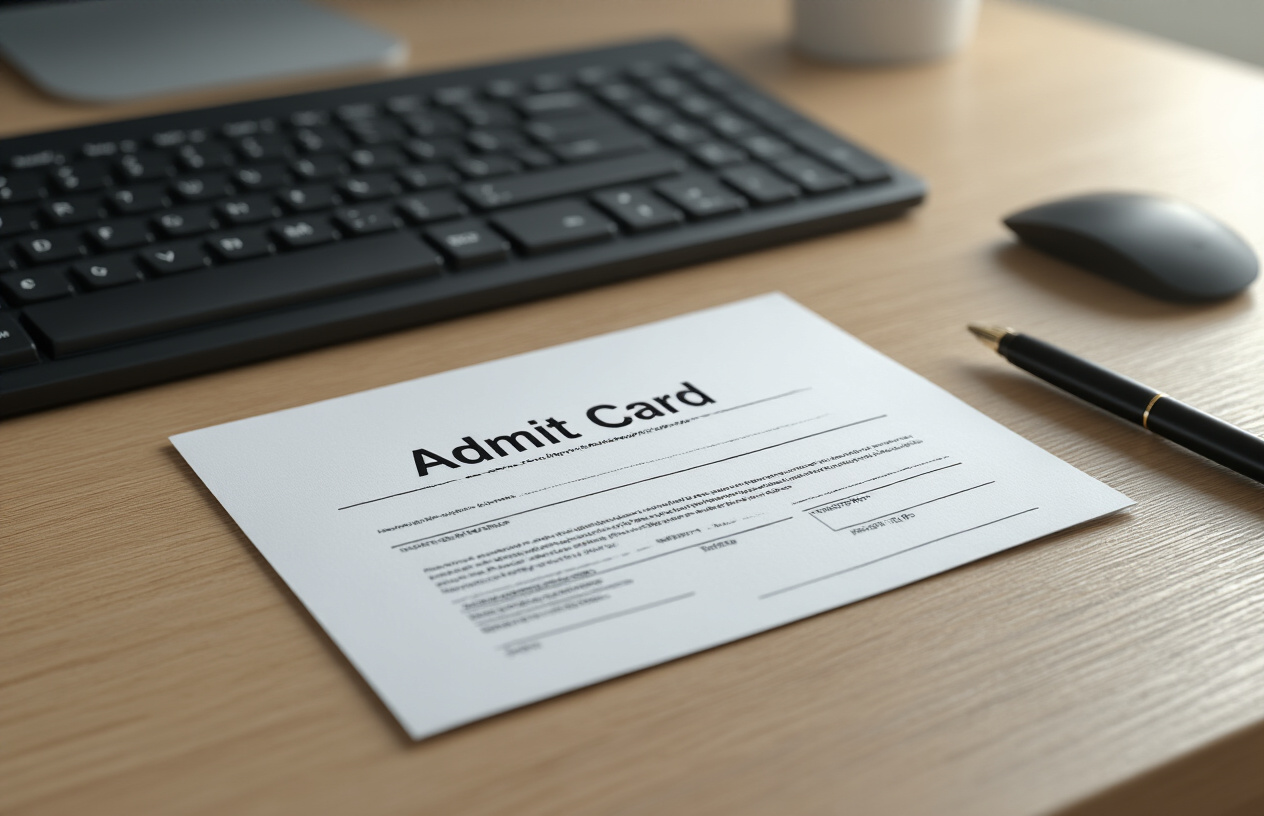 Create a realistic image of an official MSBTE admit card document lying on a clean wooden desk surface, with a computer keyboard partially visible in the background, a black pen placed beside the admit card, and soft natural lighting coming from the left side creating gentle shadows, in a professional office environment with neutral colors, absolutely NO text should be in the scene.