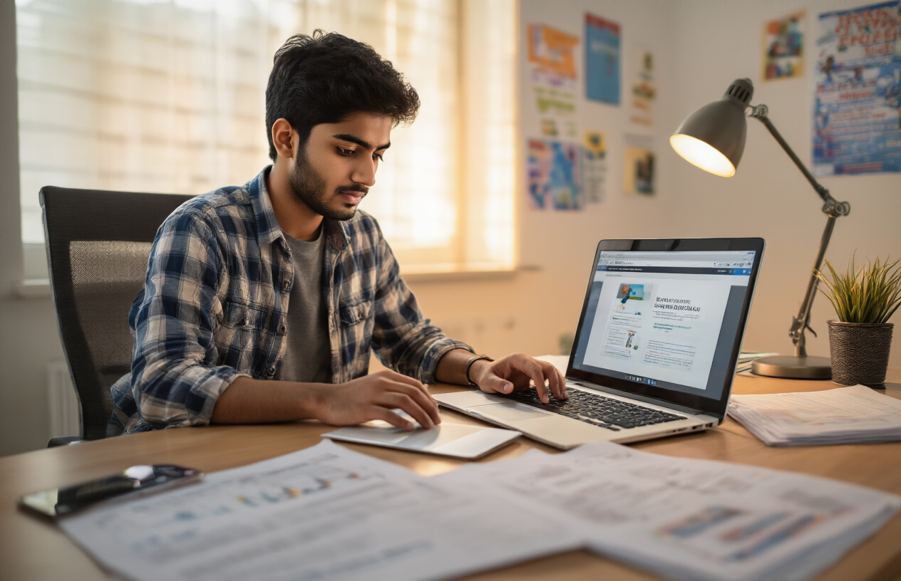 Create a realistic image of a young Indian male student sitting at a modern desk with a laptop computer open, actively navigating through a website interface, his hands positioned on the keyboard and trackpad, with a smartphone placed nearby on the desk, papers and documents scattered around suggesting academic preparation, warm indoor lighting from a desk lamp creating a focused study atmosphere, clean modern room background with educational posters on the wall, the scene conveying concentration and digital engagement in an academic setting, absolutely NO text should be in the scene.