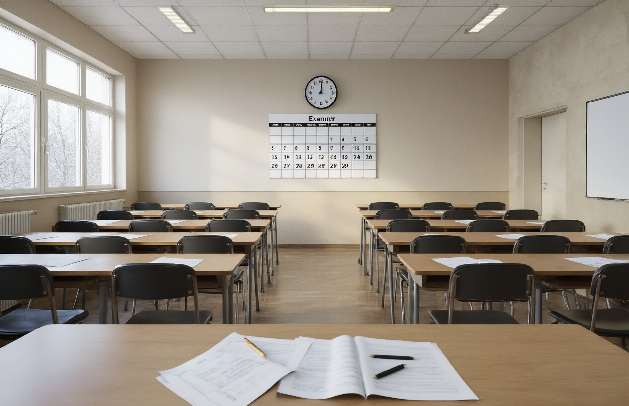 Create a realistic image of a modern examination hall with rows of empty desks and chairs arranged in perfect lines, a large wall calendar showing winter months prominently displayed, a clock on the wall indicating exam time, scattered examination papers and answer sheets on a teacher's desk in the foreground, bright fluorescent lighting illuminating the organized classroom environment, clean whiteboard visible in the background, and an overall academic atmosphere suggesting preparation for upcoming examinations, with warm indoor lighting contrasting the cold winter season outside visible through windows, absolutely NO text should be in the scene.