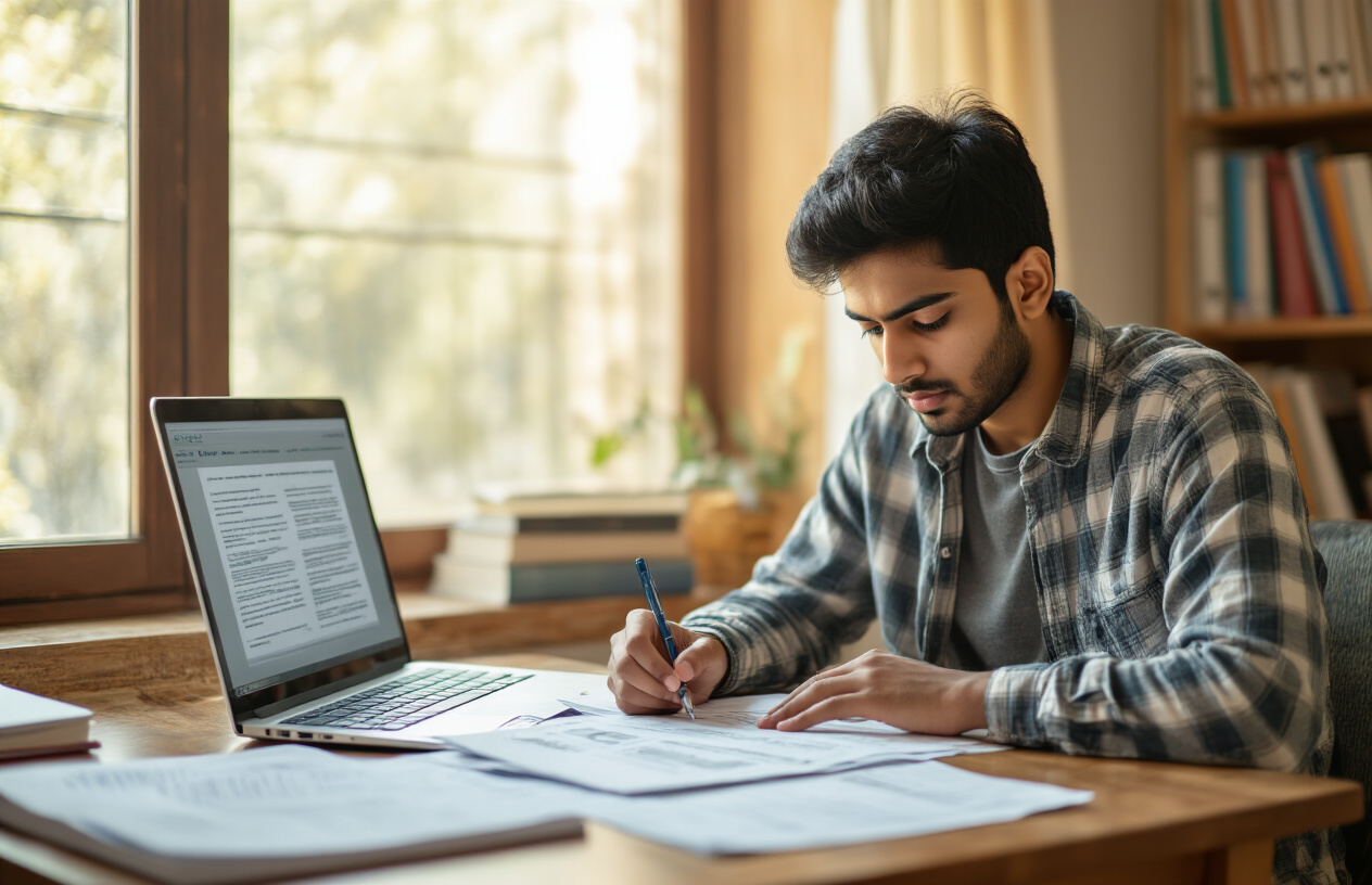 Create a realistic image of a focused Indian male student in his early twenties sitting at a wooden desk, carefully reviewing important documents and papers spread out in front of him, with a laptop computer open displaying official information, surrounded by educational materials like textbooks and notebooks, in a well-lit study room with warm natural lighting from a window, creating a serious and concentrated atmosphere of academic preparation, with the student wearing casual clothing and appearing attentive while taking notes with a pen, absolutely NO text should be in the scene.