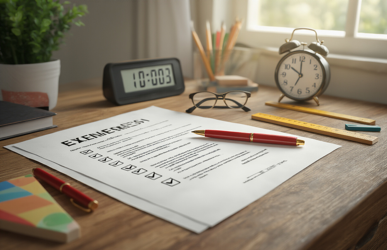 Create a realistic image of a wooden desk surface with official documents, a checklist with checkmarks, a red pen, reading glasses, and a digital clock showing exam time, surrounded by educational materials like rulers and erasers, with soft natural lighting from a window creating a focused study atmosphere, representing exam preparation guidelines and important reminders, Absolutely NO text should be in the scene.