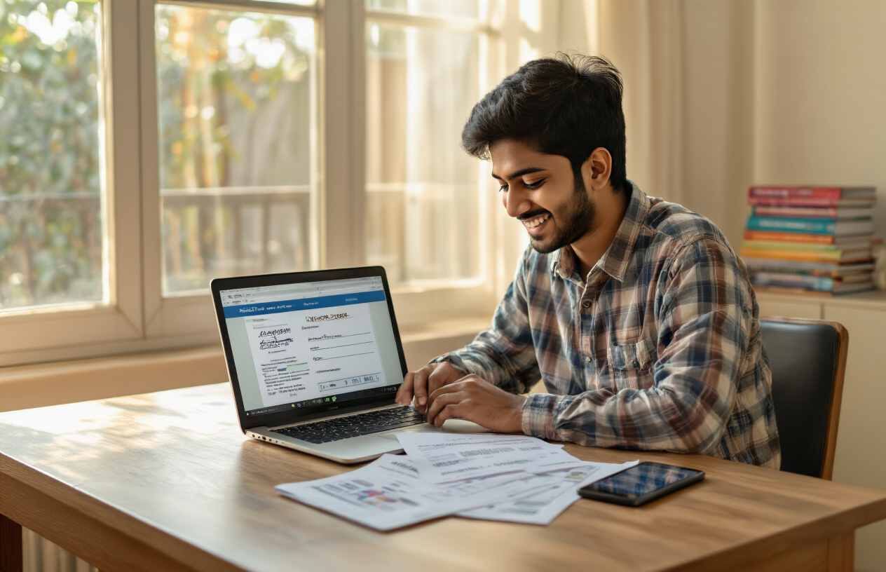 Create a realistic image of a young Indian male student sitting at a clean wooden desk with a laptop computer open, showing relief and satisfaction on his face after successfully completing an online process, with printed admit card documents placed beside the laptop, a smartphone displaying a confirmation screen nearby, educational books stacked in the background, warm natural lighting coming through a window creating a focused study environment, absolutely NO text should be in the scene.