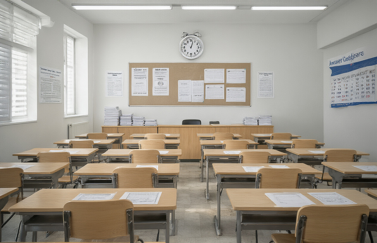 Create a realistic image of a modern examination hall with rows of wooden desks and chairs arranged in a systematic pattern, a large wall clock showing time prominently displayed, official examination schedules and timetables pinned on a bulletin board, stacks of answer sheets and question papers neatly organized on a supervisor's desk, bright fluorescent lighting illuminating the room, clean white walls with examination guidelines posters, and a calendar showing December month in the background, captured from a side angle perspective with professional indoor lighting, absolutely NO text should be in the scene.