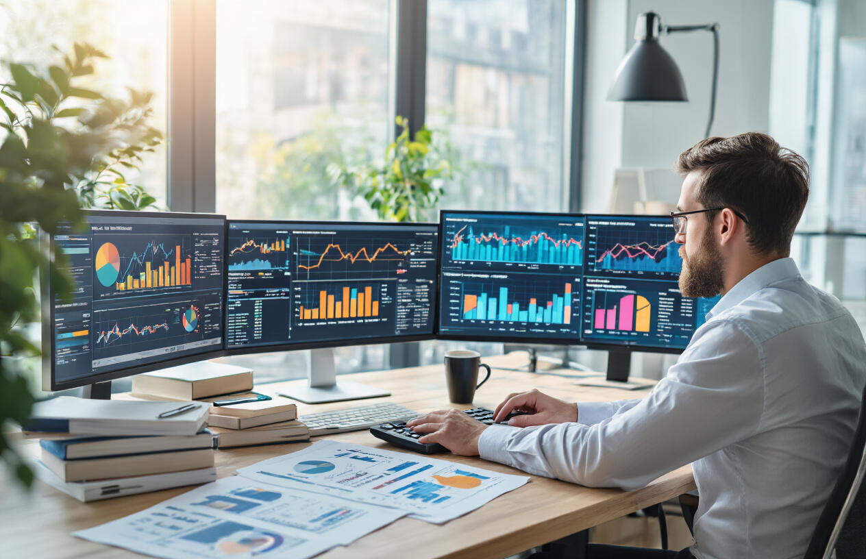 Create a realistic image of a white male business analyst sitting at a modern desk with multiple computer monitors displaying colorful financial charts, graphs, and data analytics dashboards showing declining cost trends, with printed spreadsheets and financial reports scattered across the desk, a calculator and coffee cup nearby, in a bright contemporary office setting with natural lighting from large windows, conveying a focused analytical mood as he examines cost reduction opportunities, absolutely NO text should be in the scene.