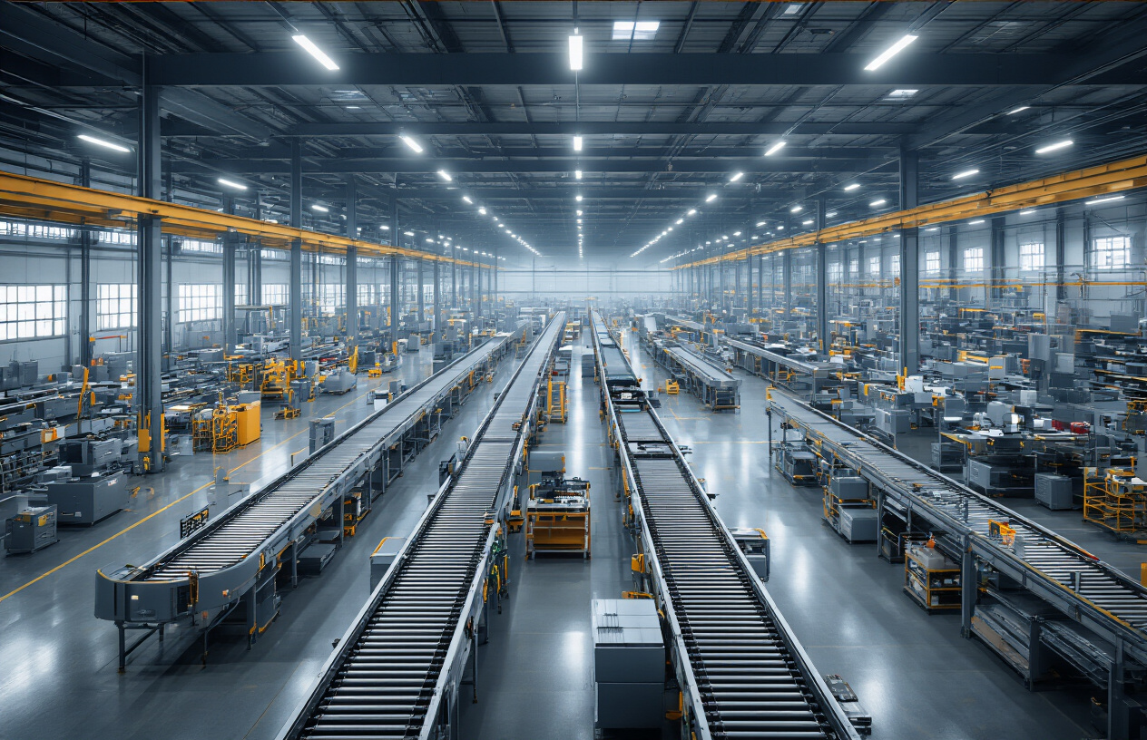 Create a realistic image of a modern factory floor or warehouse with visible workflow improvements, showing conveyor belts moving efficiently, organized workstations with minimal clutter, streamlined assembly lines with smooth product flow, industrial equipment operating in harmony, clean and well-organized storage areas, and bright LED lighting illuminating the optimized workspace, conveying a sense of efficiency and productivity enhancement, absolutely NO text should be in the scene.