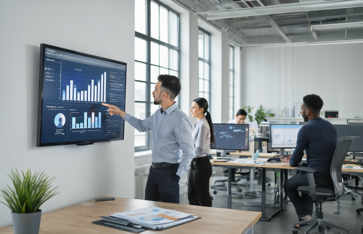 Create a realistic image of a modern office workspace showing a diverse team of professionals - including a white male manager pointing at productivity charts on a wall-mounted screen, an Asian female employee working efficiently at a computer workstation, and a black male worker organizing documents at a standing desk, with clean white walls, natural lighting from large windows, ergonomic furniture, and visible productivity metrics displayed on monitors in the background, conveying an atmosphere of focused teamwork and operational efficiency. Absolutely NO text should be in the scene.