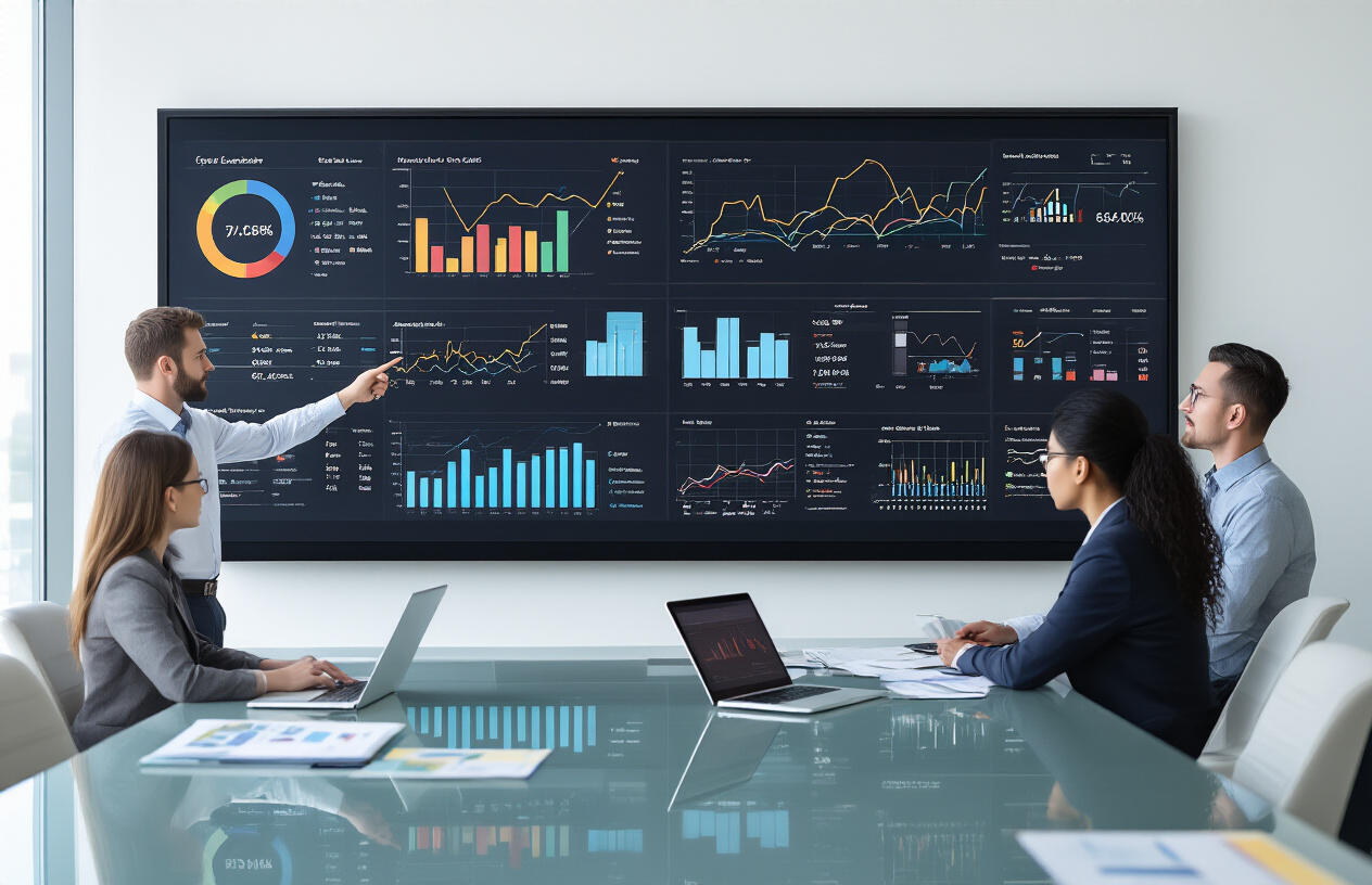 Create a realistic image of a modern office conference room with a large wall-mounted digital dashboard displaying colorful charts, graphs, and KPI metrics, a sleek glass table with laptops, tablets, and financial documents spread across it, a diverse group of business professionals including a white male manager pointing at trending downward cost charts, a black female analyst reviewing data on a tablet, and an Asian male executive taking notes, all wearing professional business attire, bright natural lighting streaming through large windows, clean minimalist background with white walls and contemporary furniture, focused and collaborative atmosphere showing active monitoring and analysis of business performance data, absolutely NO text should be in the scene.