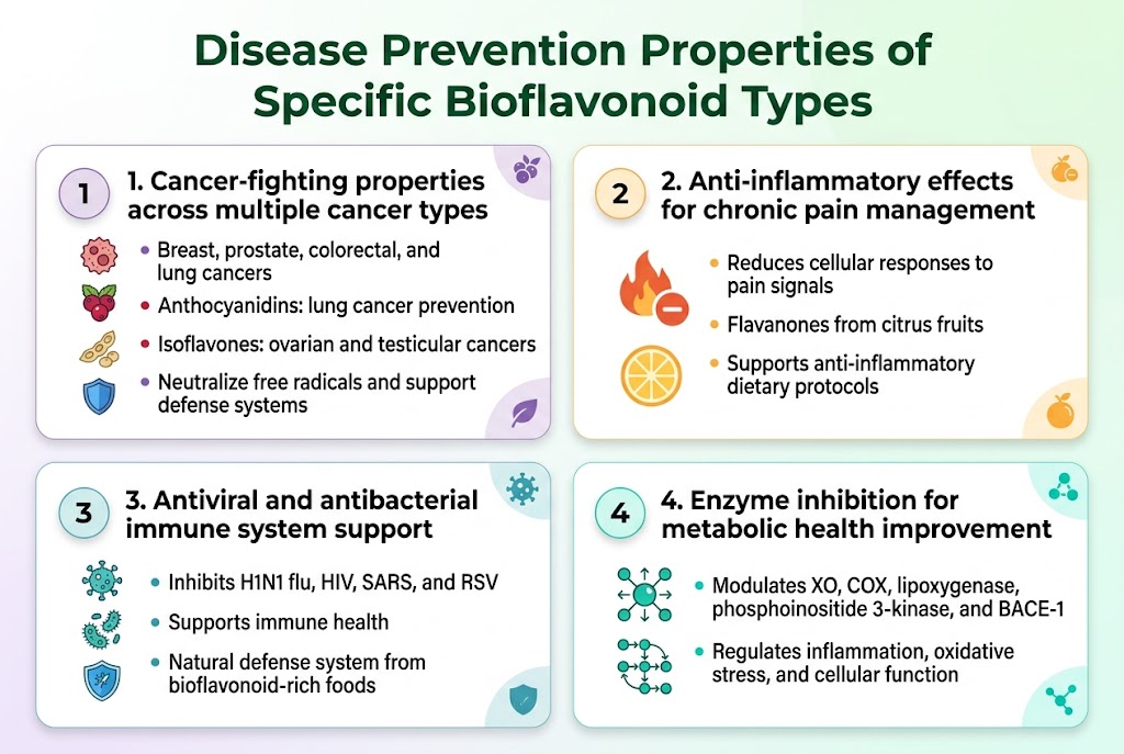 Disease prevention properties of specific bioflavonoid types