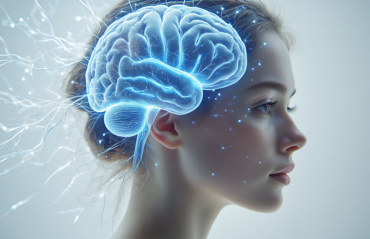 Create a realistic image of a close-up side profile of a white female's head showing a translucent brain with bright neural pathways lighting up in blue and white colors as visual information travels through different regions, with soft lighting highlighting the brain activity against a clean white background, conveying the rapid processing of visual data, absolutely NO text should be in the scene.