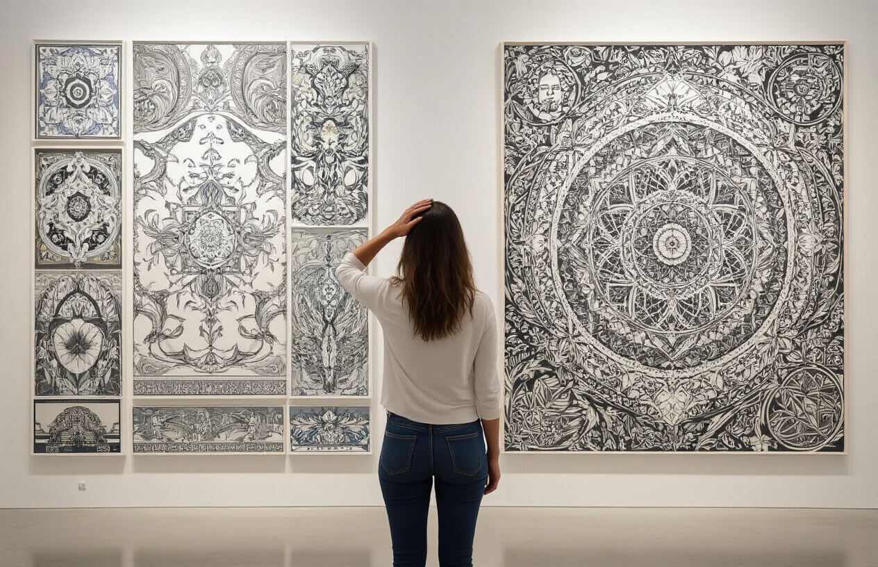 Create a realistic image of a white female customer standing in front of two different wall art displays in a modern gallery or home decor store, one wall showing multiple complex detailed artworks with intricate patterns and busy designs, the other wall displaying simple minimalist prints with clean lines and empty space, the woman appearing overwhelmed and confused while looking at the detailed art section with her hand on her forehead in a stressed gesture, while the minimalist section appears calm and organized, soft natural lighting from overhead creating a contrast between the chaotic and serene sections, absolutely NO text should be in the scene.