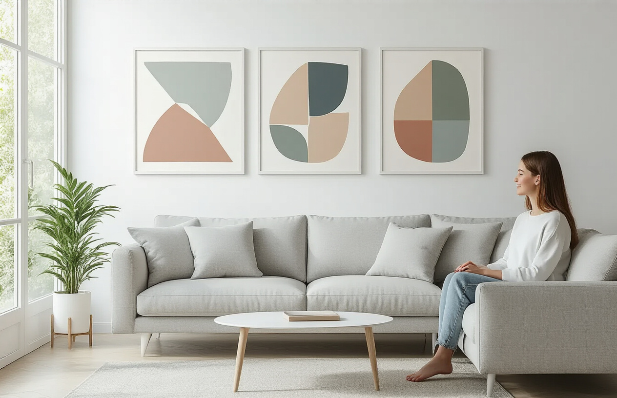 Create a realistic image of a modern living room with clean white walls displaying three simple minimalist art pieces featuring geometric shapes in muted colors, a young white female sitting on a light gray sofa looking peacefully at the artwork with a gentle smile, soft natural lighting streaming through a large window creating a calm and serene atmosphere, with minimal furniture including a sleek coffee table and a single plant, emphasizing the emotional connection between the viewer and the simple art, absolutely NO text should be in the scene.