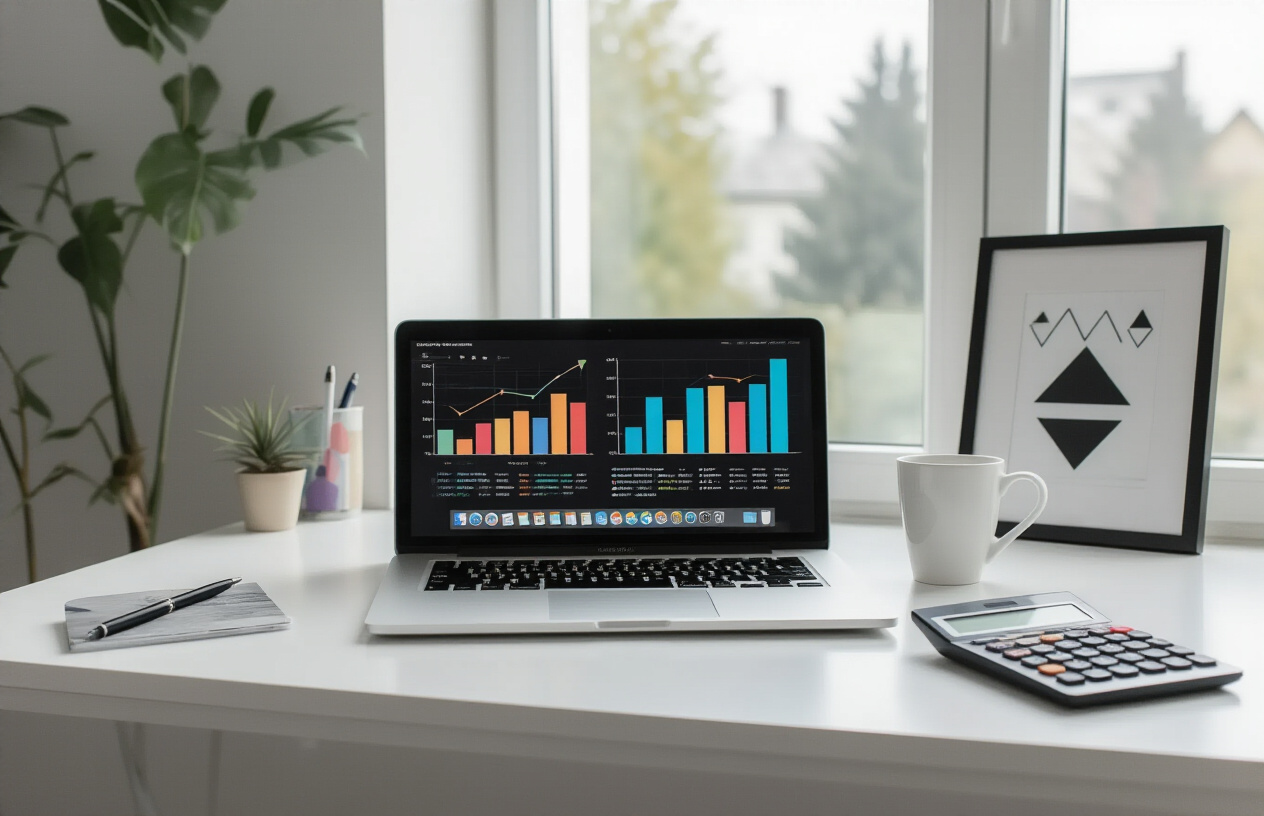Create a realistic image of a modern office desk with a laptop displaying colorful bar charts and analytics graphs showing rising sales trends, scattered minimalist wall art printables with simple geometric shapes and clean lines alongside detailed ornate art prints, a calculator, pen, and coffee cup on a white desk surface, bright natural lighting from a window, professional business atmosphere, Absolutely NO text should be in the scene.