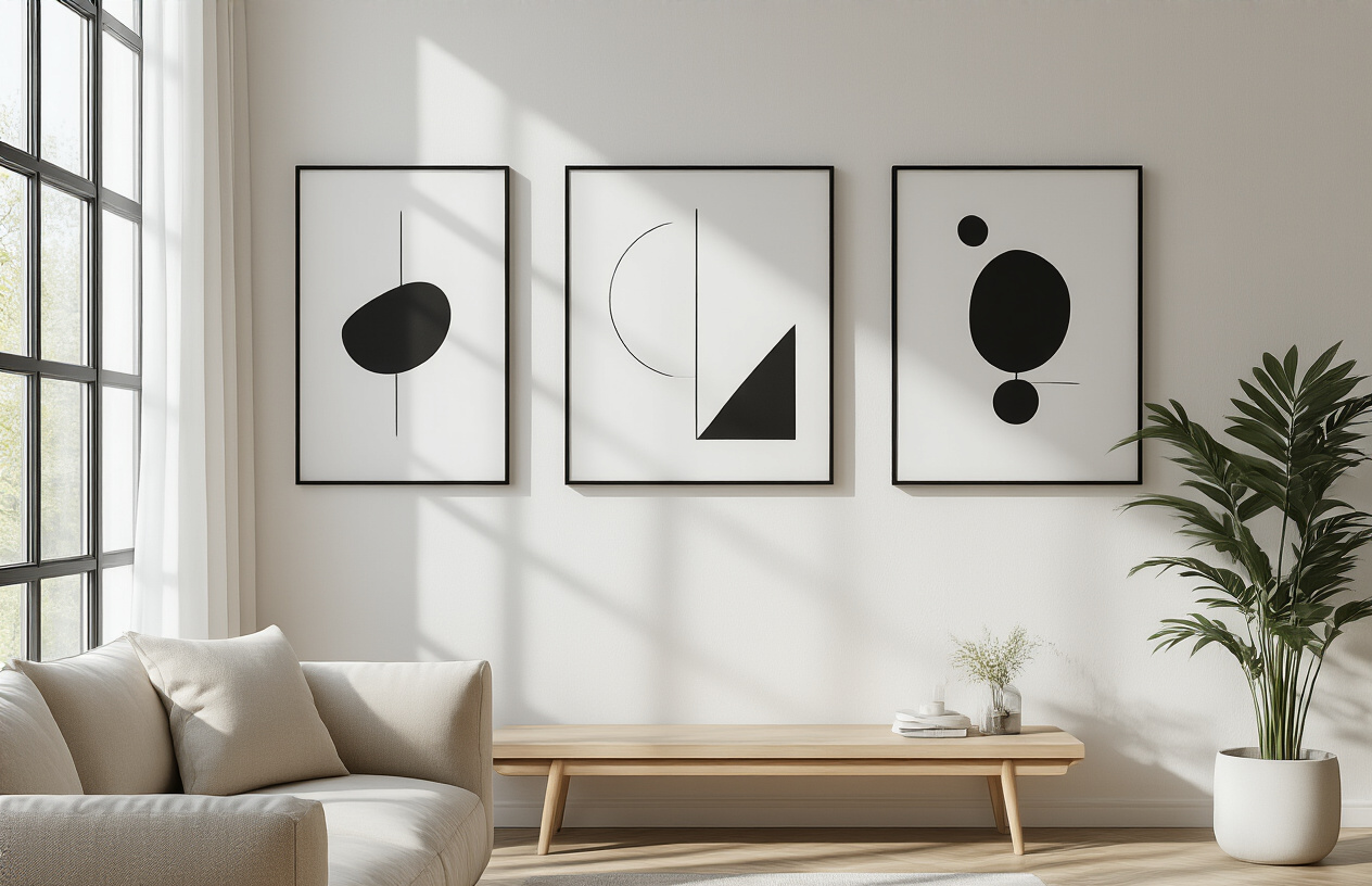 Create a realistic image of a modern minimalist living room with clean white walls featuring three simple, elegant black and white geometric wall art prints in sleek frames, positioned above a light wooden console table, with soft natural lighting streaming through large windows creating gentle shadows, a comfortable beige sofa partially visible in the foreground, and a potted plant adding a touch of life to the serene, uncluttered space that emphasizes the power and appeal of simple wall art designs, absolutely NO text should be in the scene.