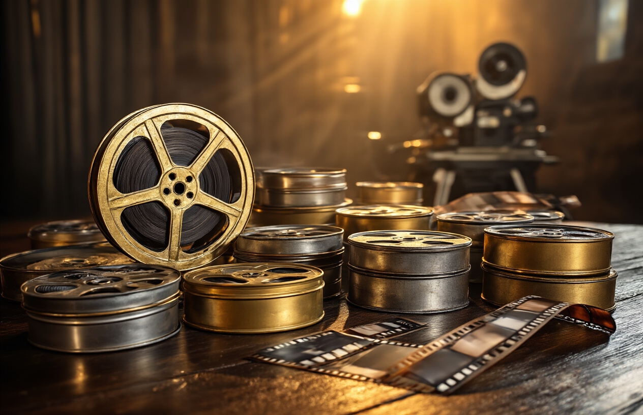 Create a realistic image of scattered vintage film reels and movie canisters in golden and silver tones arranged on a dark wooden surface, with soft dramatic lighting casting gentle shadows, a few film strips partially unrolled showing individual movie frames, an old-style movie projector slightly blurred in the background, warm amber lighting creating a nostalgic cinema atmosphere, polished film canisters reflecting the warm light, creating an intimate movie archive setting that suggests discovery of forgotten cinematic treasures, absolutely NO text should be in the scene.