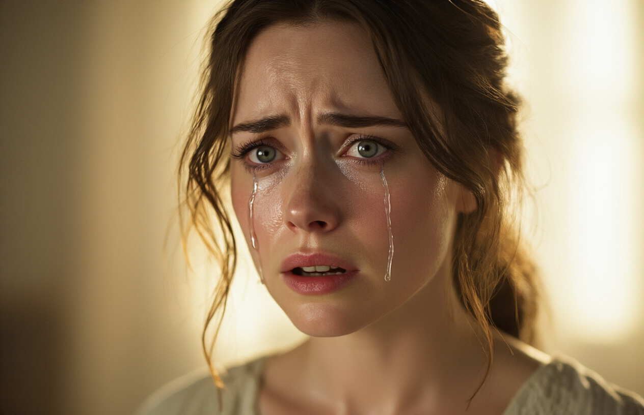 Create a realistic image of a close-up shot of a white female actor in her 30s with tears streaming down her face, showing intense emotional expression during what appears to be a dramatic scene, with soft cinematic lighting casting gentle shadows across her features, blurred background suggesting an indoor setting, capturing the raw vulnerability and powerful emotion typical of award-worthy dramatic performances, with warm golden lighting that emphasizes the emotional intensity of the moment, absolutely NO text should be in the scene.