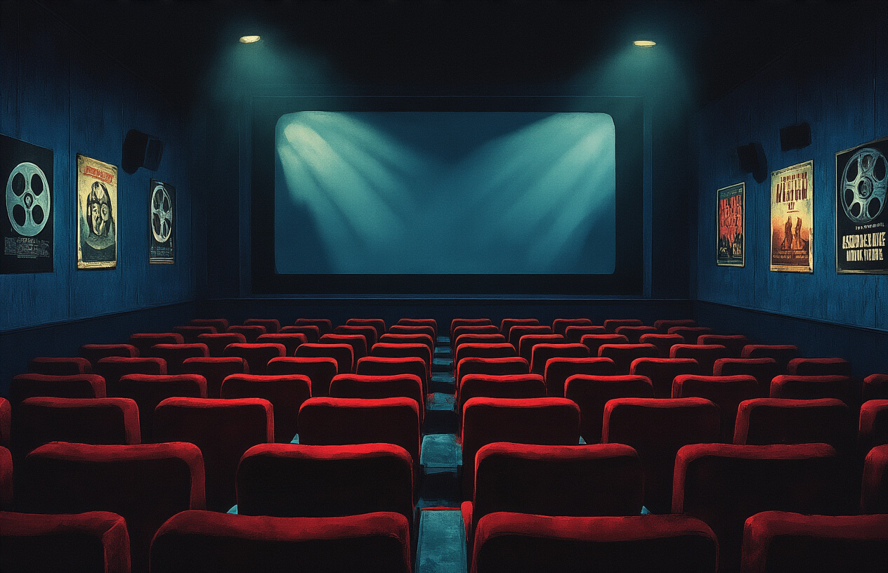Create a realistic image of a dimly lit movie theater with empty red velvet seats, mysterious shadows cast across the rows, a large dark screen displaying subtle light reflections, film reels and vintage movie posters visible along the darkened walls, moody atmospheric lighting with deep blues and purples, creating an suspenseful and mysterious ambiance that suggests hidden cinematic gems waiting to be discovered, absolutely NO text should be in the scene.