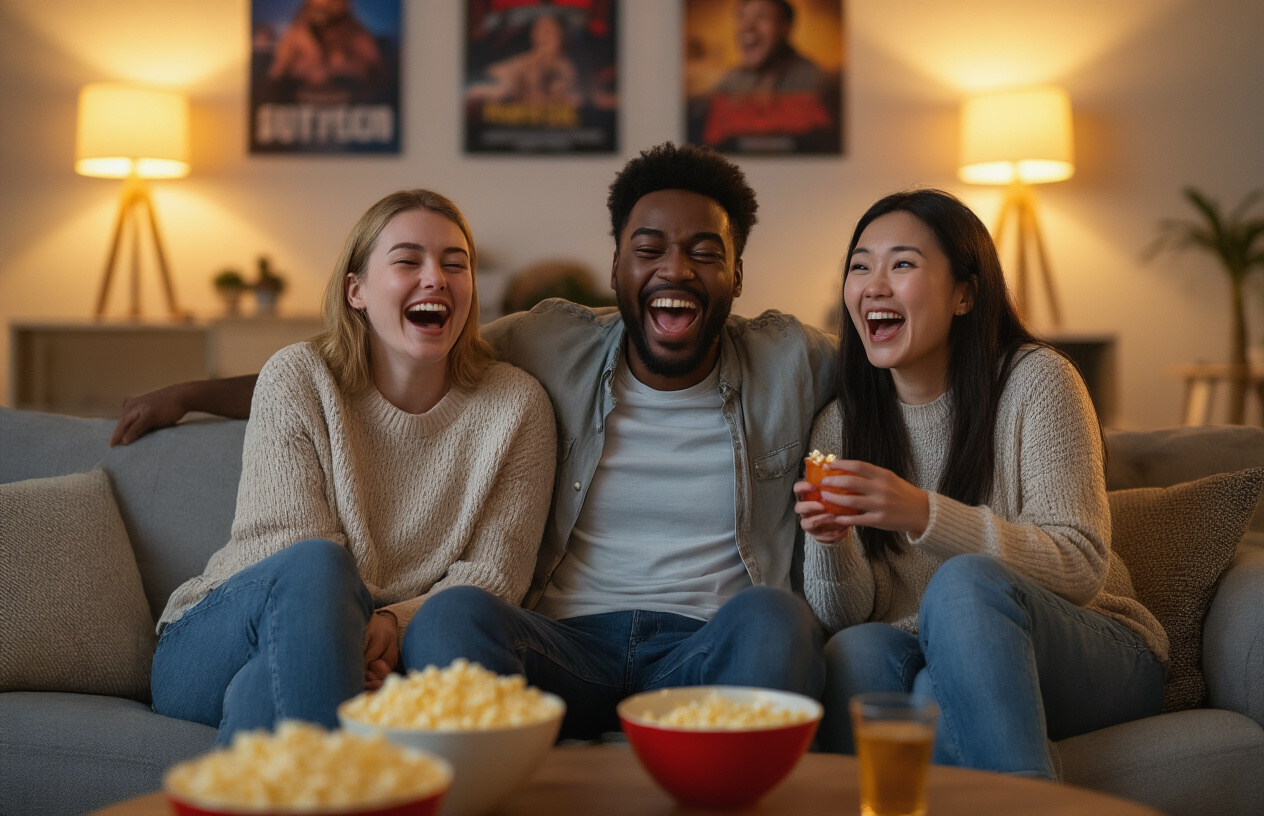 Create a realistic image of a diverse group of people laughing heartily while watching something off-camera, including a white female, black male, and Asian female sitting on a modern couch in a cozy living room, with warm ambient lighting from table lamps creating a comfortable evening atmosphere, movie posters visible on the walls in soft focus, popcorn bowls and drinks on a coffee table, capturing genuine expressions of joy and surprise that suggest they're experiencing fresh, innovative comedy, with the scene conveying a sense of discovery and delight from unexpected humor, absolutely NO text should be in the scene.