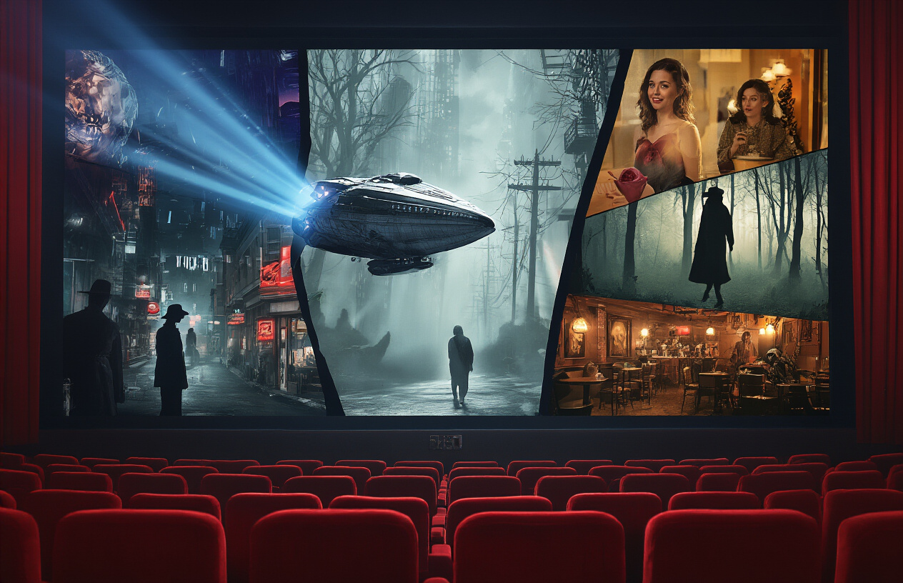 Create a realistic image of a movie theater screen displaying a collage of overlapping film scenes from different genres - a futuristic sci-fi spaceship blending into a noir detective's shadowy alley, morphing into a romantic comedy cafe scene, transitioning to a horror forest, all seamlessly merged together in an artistic montage style, with empty red velvet theater seats in the foreground, dramatic cinematic lighting with projector beams cutting through slight haze, creating an atmospheric movie theater environment that represents genre-blending cinema, absolutely NO text should be in the scene.