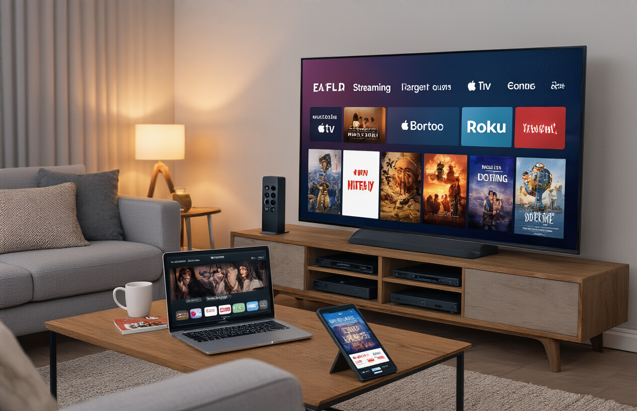 Create a realistic image of a modern home entertainment setup showing multiple streaming platforms and viewing options, featuring a large smart TV displaying various streaming service logos and movie thumbnails, a sleek media console with streaming devices like Apple TV and Roku, a laptop open on a coffee table showing a movie streaming website, a tablet displaying a cinema app, and a smartphone with a movie ticket booking application, all arranged in a cozy living room with warm ambient lighting from table lamps, soft gray sofa with throw pillows, and a wooden coffee table, creating an inviting atmosphere that represents the modern ways people discover and watch movies at home, absolutely NO text should be in the scene.