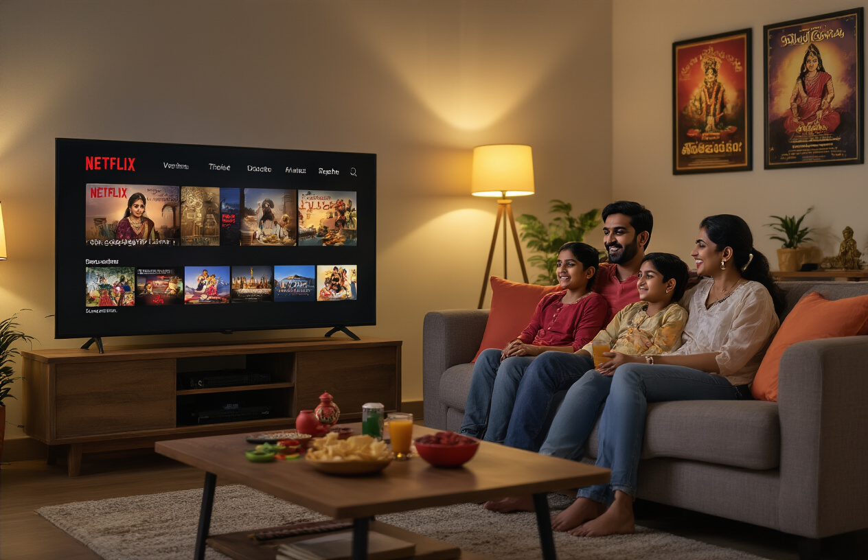 Create a realistic image of a cozy living room scene with a large flat-screen TV displaying the Netflix interface with movie thumbnails, a comfortable sofa with colorful cushions, a South Asian family of four including two adults and two children sitting together on the sofa, warm ambient lighting from table lamps, movie posters on the walls featuring Telugu cinema themes, a coffee table with snacks and beverages, and traditional Indian decorative elements like small figurines and plants in the background, absolutely NO text should be in the scene.