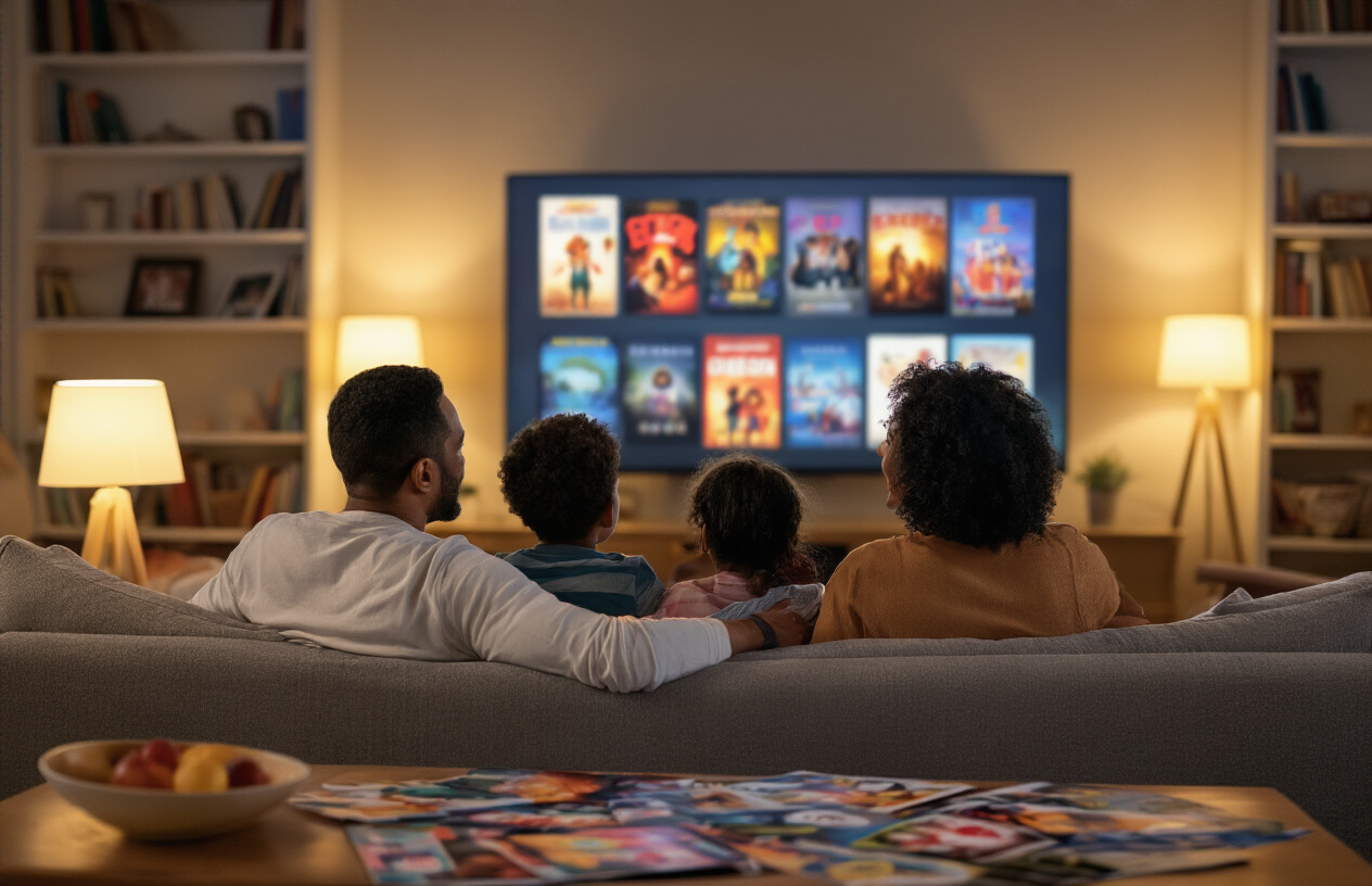 Create a realistic image of a diverse family sitting together on a comfortable living room sofa, with a white male father, black female mother, and two mixed-race children (one boy, one girl) of different ages, all looking at a large TV screen showing colorful movie thumbnails, with age rating symbols visible on movie posters scattered on a coffee table, warm ambient lighting from table lamps, cozy home interior with bookshelves and family photos in the background, peaceful evening atmosphere suggesting family movie selection time, absolutely NO text should be in the scene.